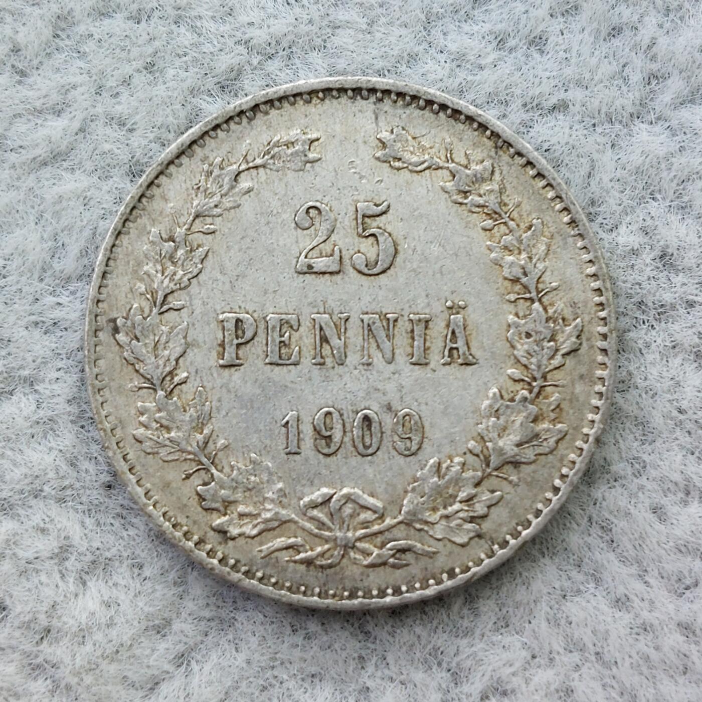 俄属芬兰1909年双头鹰25芬尼银币