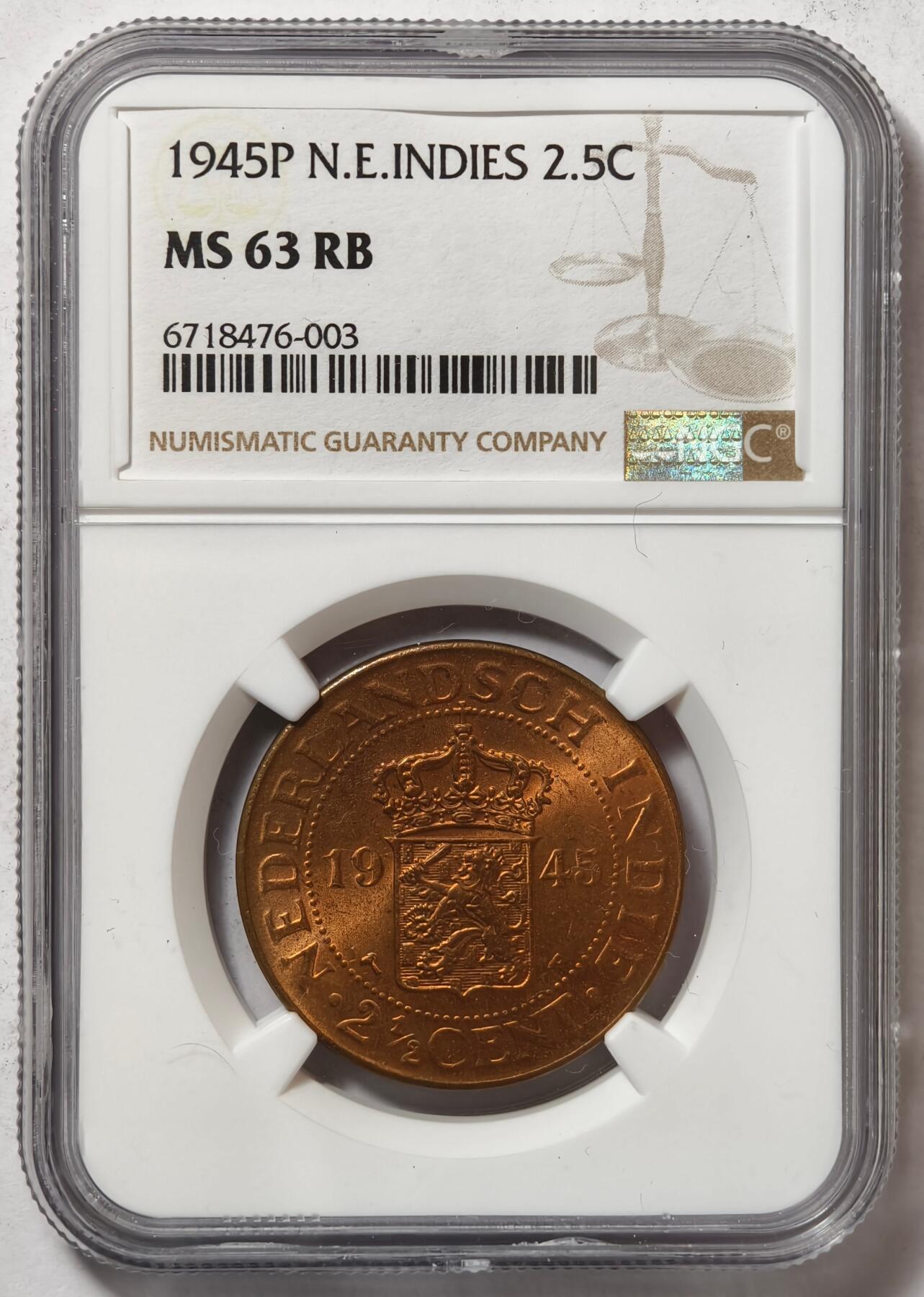 紫瑗钱币——第460期 荷属东印度 1945年 P版 2.5分 铜币 NGC MS63 RB