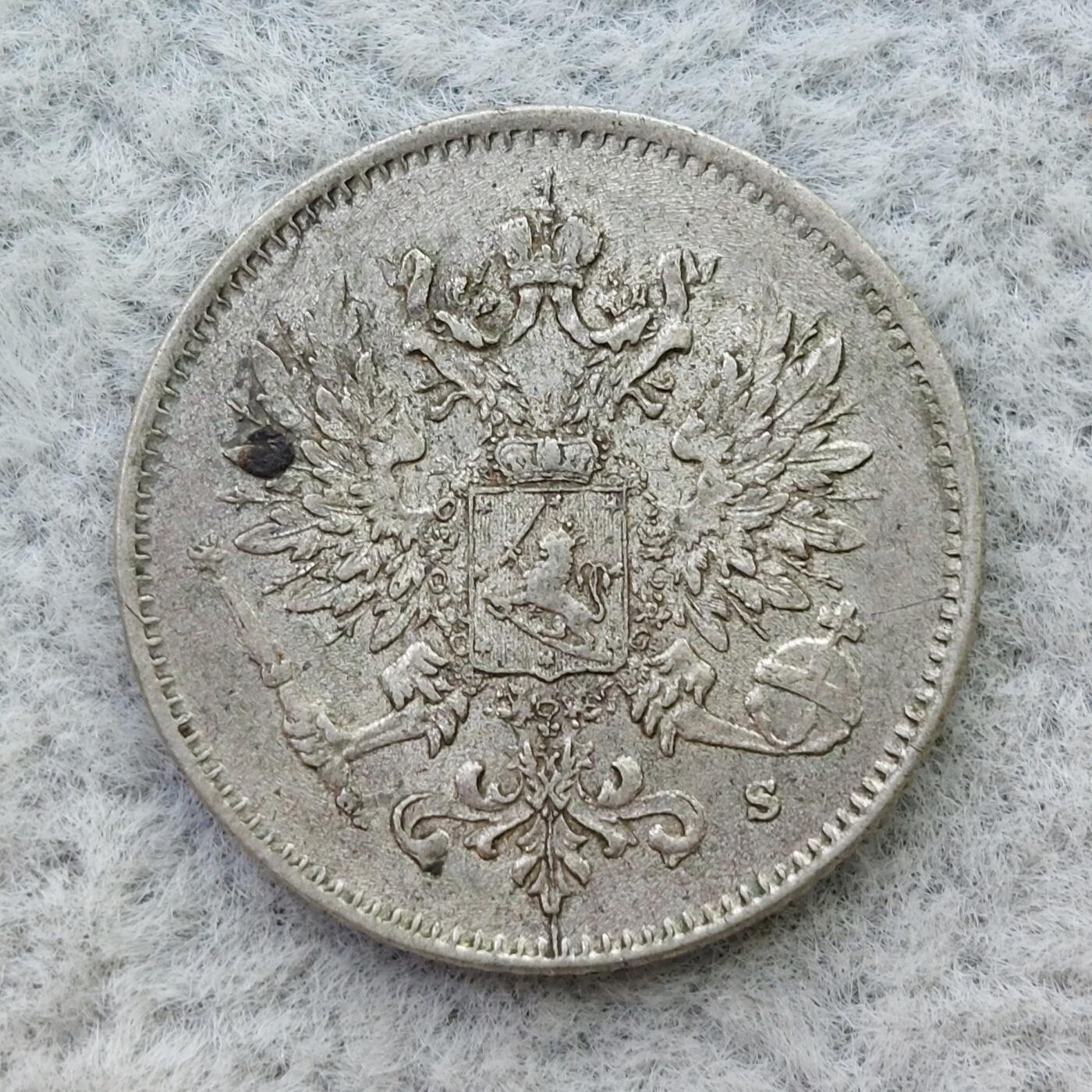 俄属芬兰1917年戴冠双头鹰25芬尼银币