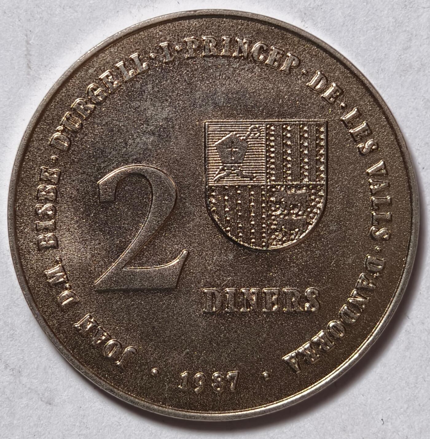 紫瑗钱币——第570期 安道尔 1987年 1992巴塞罗那奥运会 2第纳尔 镍币 UNC