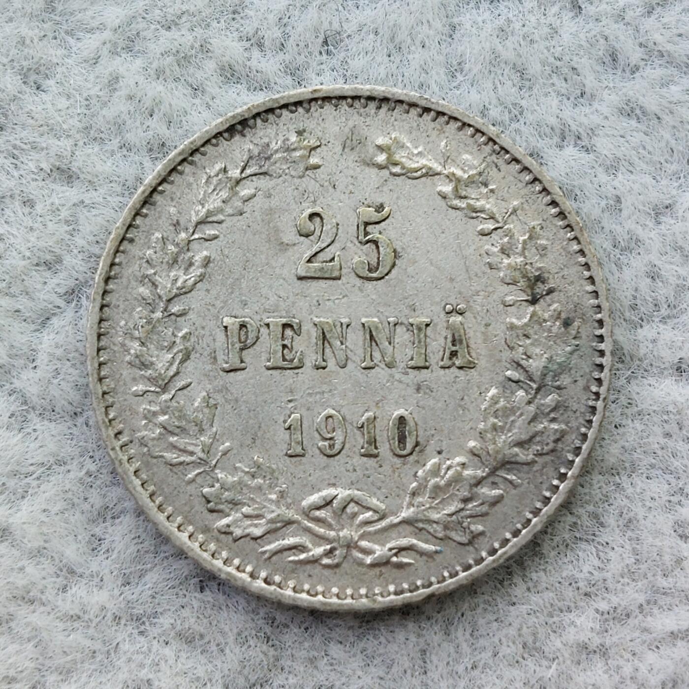 俄属芬兰1910年双头鹰25芬尼银币