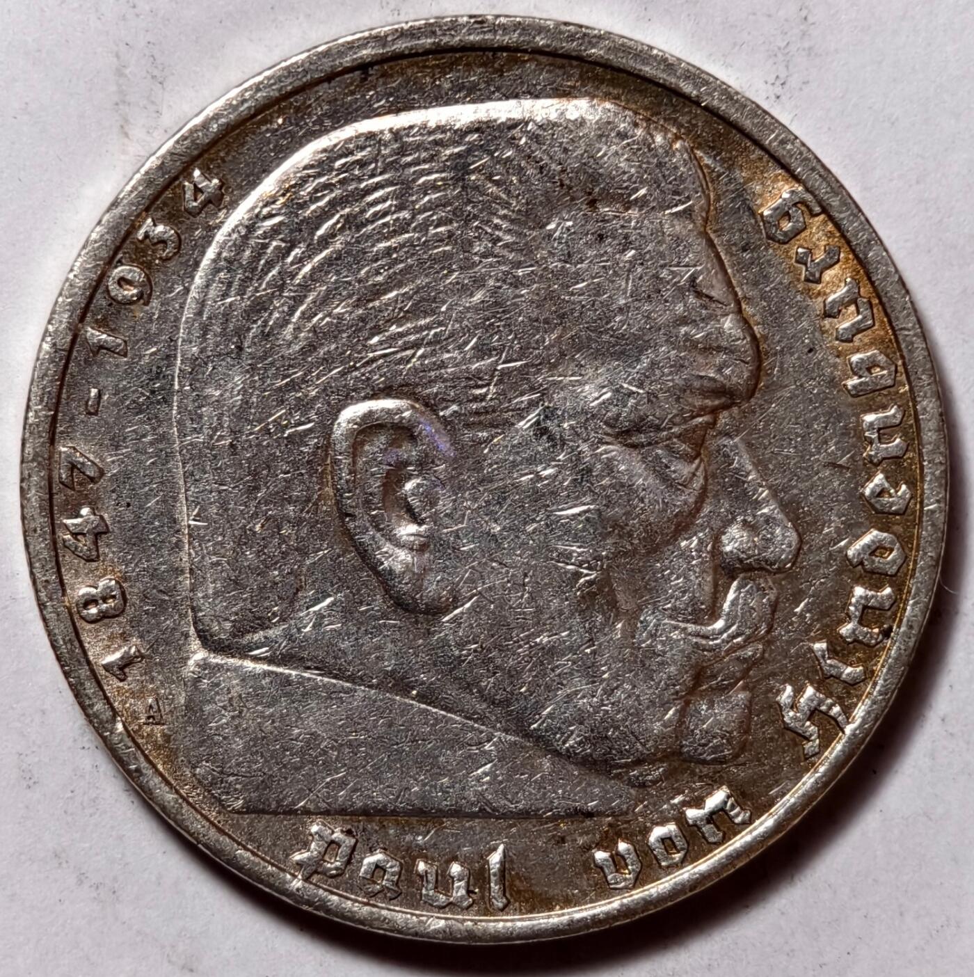 紫瑗钱币——第500期  德国 1936年 A版 兴登堡 字符 5马克 13.9克 0.9银