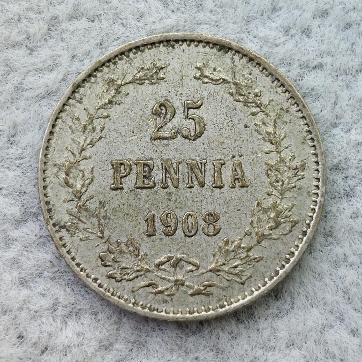 俄属芬兰1908年双头鹰25芬尼银币