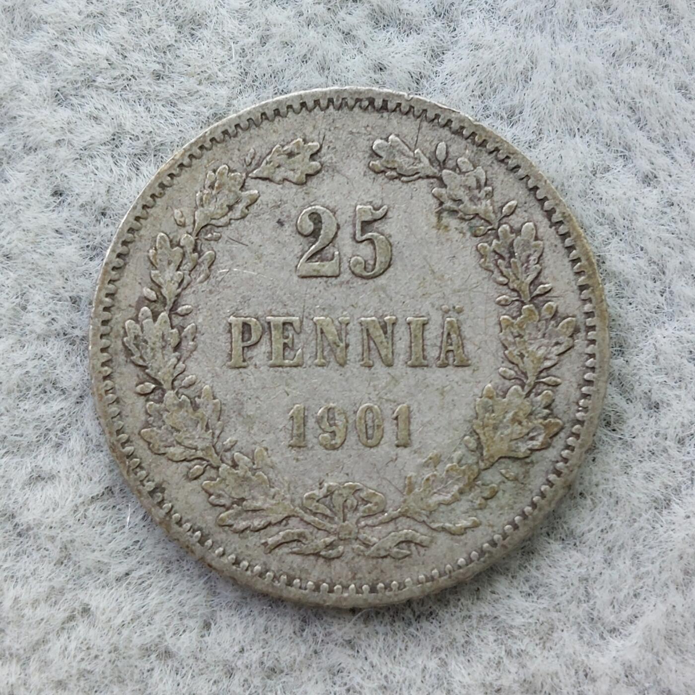 俄属芬兰1901年双头鹰25芬尼银币