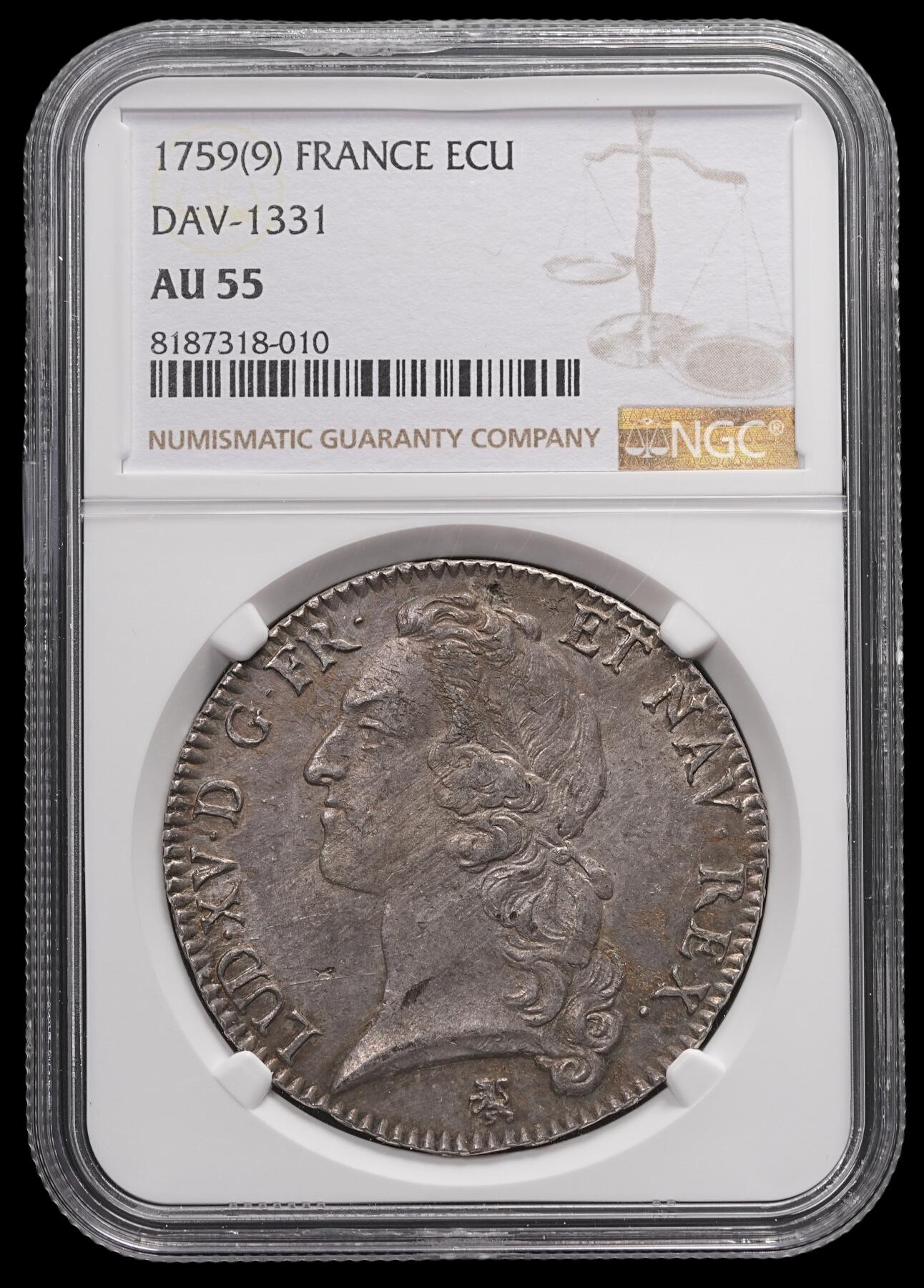 修遠堂世界钱币第四十七期 全场包邮 NGC AU55 1759年法国1埃居大银币 路易十五 9厂铭