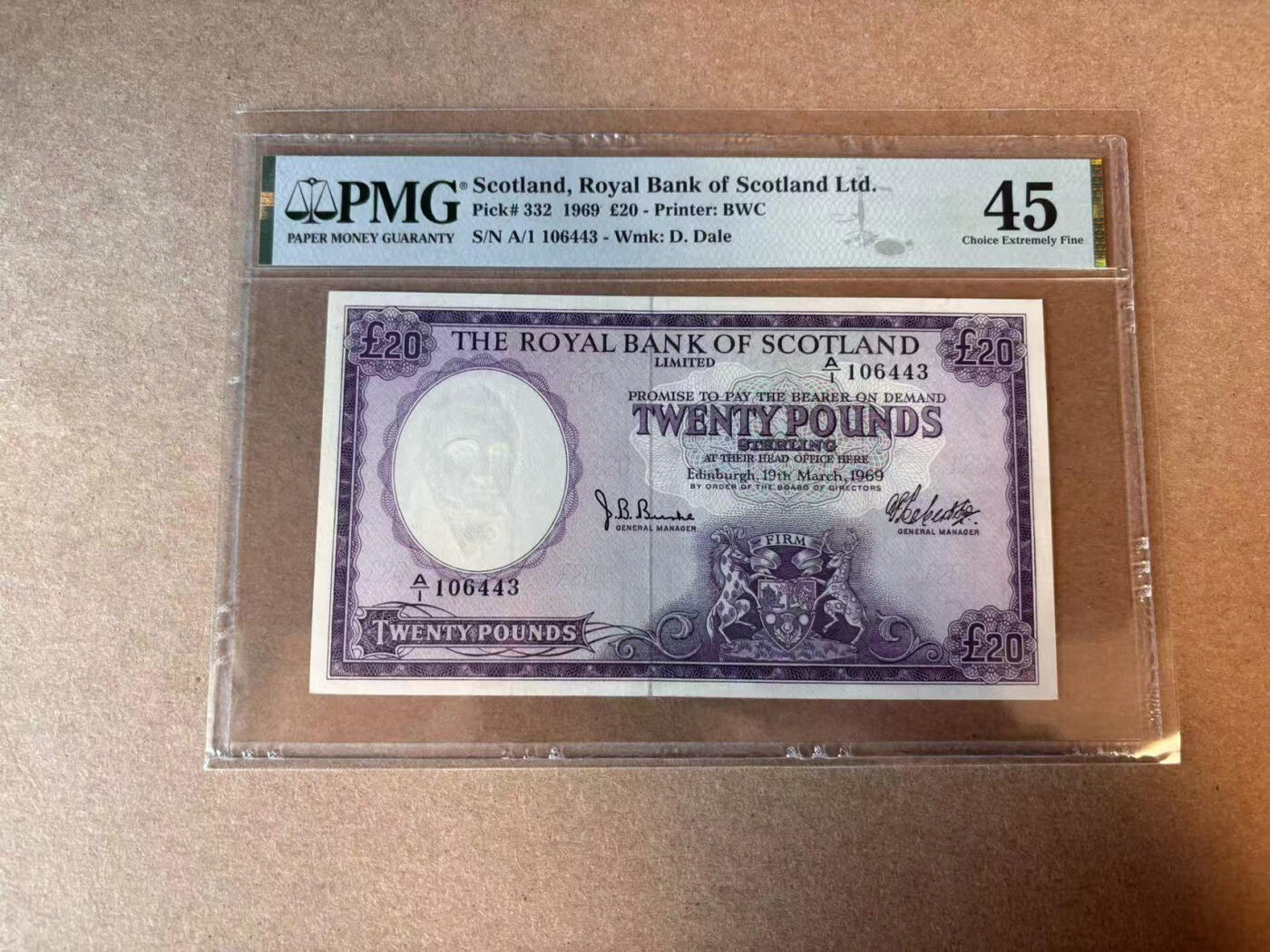 【Blue Auction】✨世界纸币精拍第579期【精】 【A/1首发冠】苏格兰 1969年20镑 BWC出品 PMG45