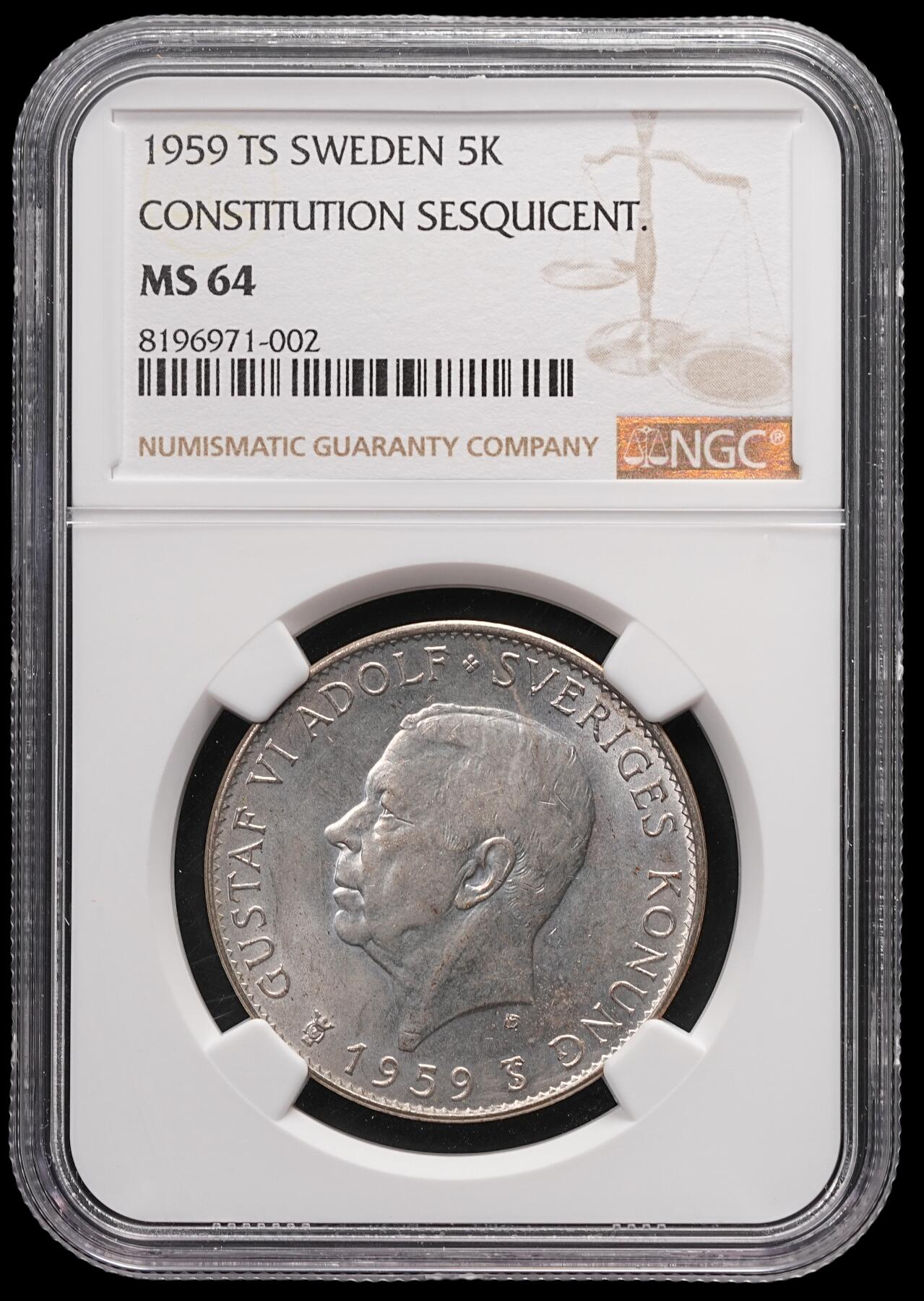 修遠堂世界钱币第四十七期 全场包邮 NGC MS64 1959年瑞典宪法150周年纪念5克朗大银币