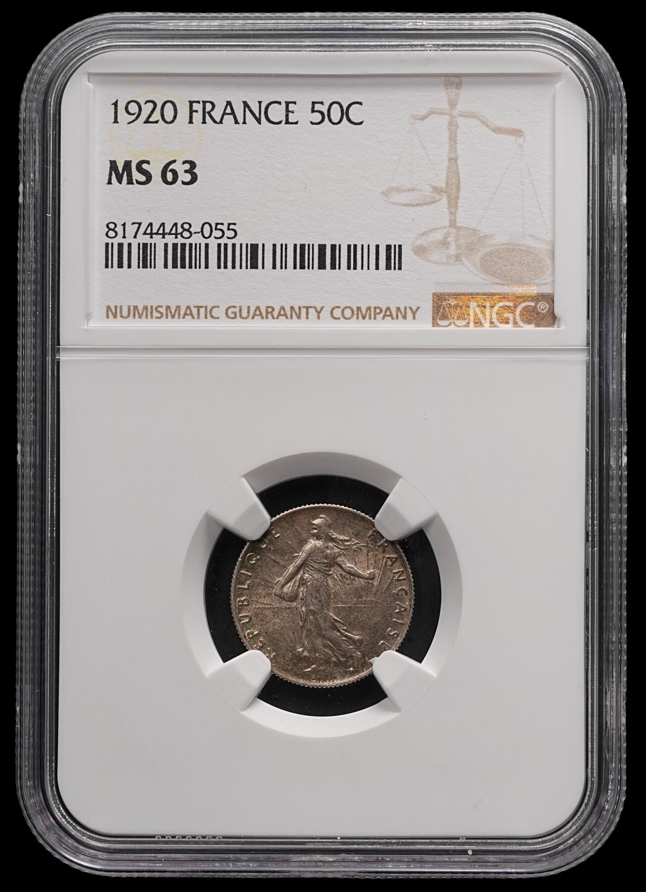 修遠堂世界钱币第四十七期 全场包邮 NGC MS63 1920年法国50分银币