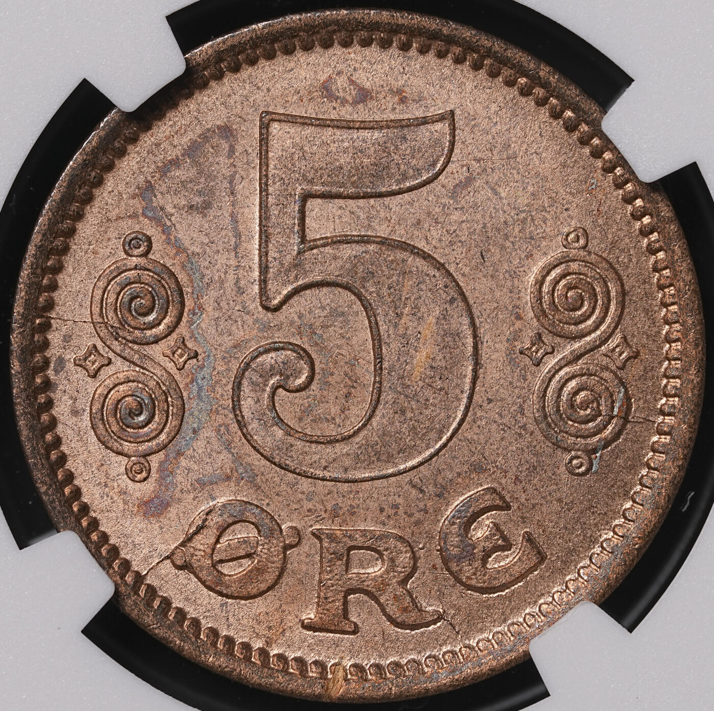 修遠堂世界钱币第四十七期 全场包邮 NGC MS64RB 1916年丹麦5欧尔铜币 较少见年份 铸造量只有80多万枚