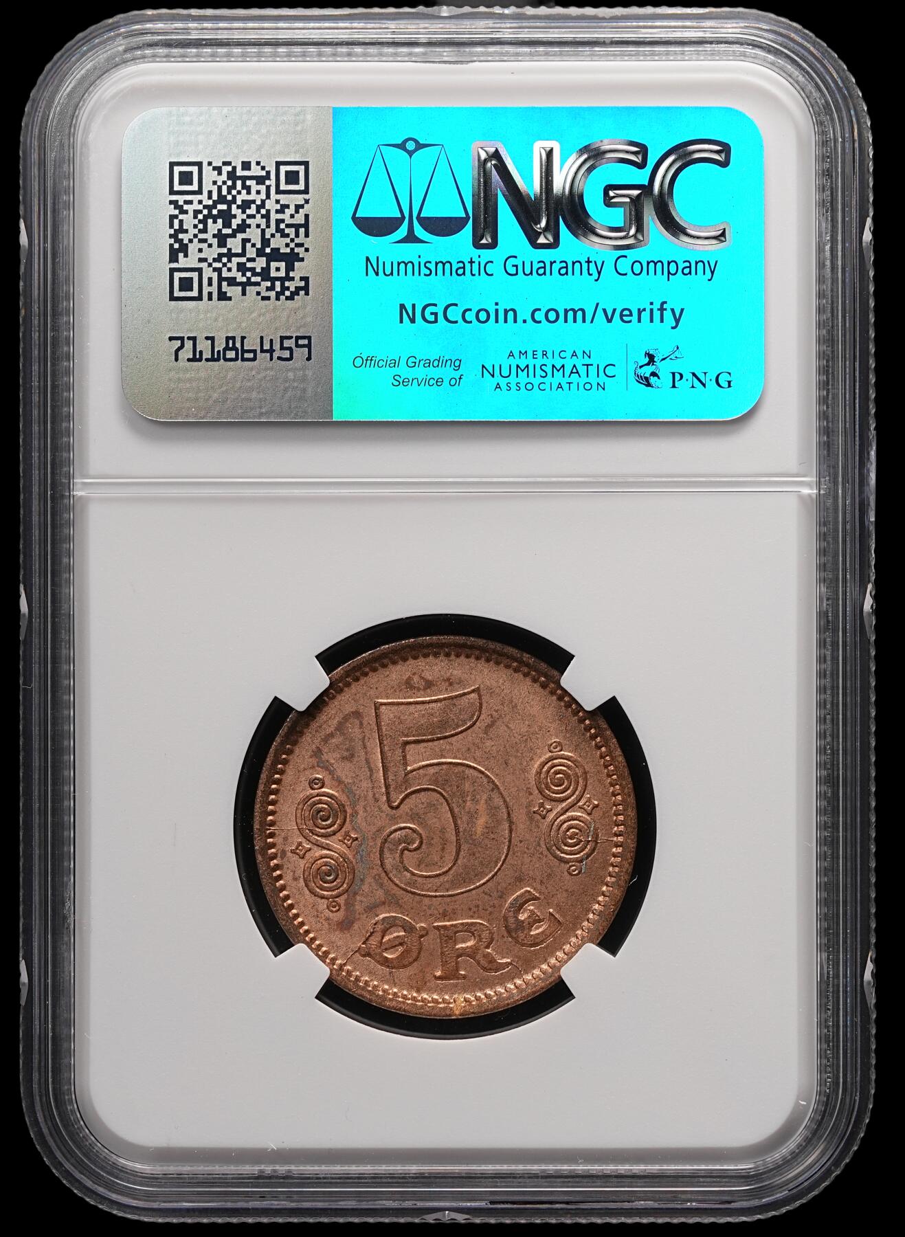 修遠堂世界钱币第四十七期 全场包邮 NGC MS64RB 1916年丹麦5欧尔铜币 较少见年份 铸造量只有80多万枚