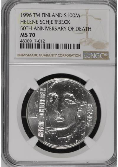 S&S Numismatic世界钱币-拍卖 第88期  - 获奖币*芬兰1996年 画家海伦·谢夫贝克逝世50周年 100马克纪念银币 NGC MS70冠军分，MS级别冠军分非常难得