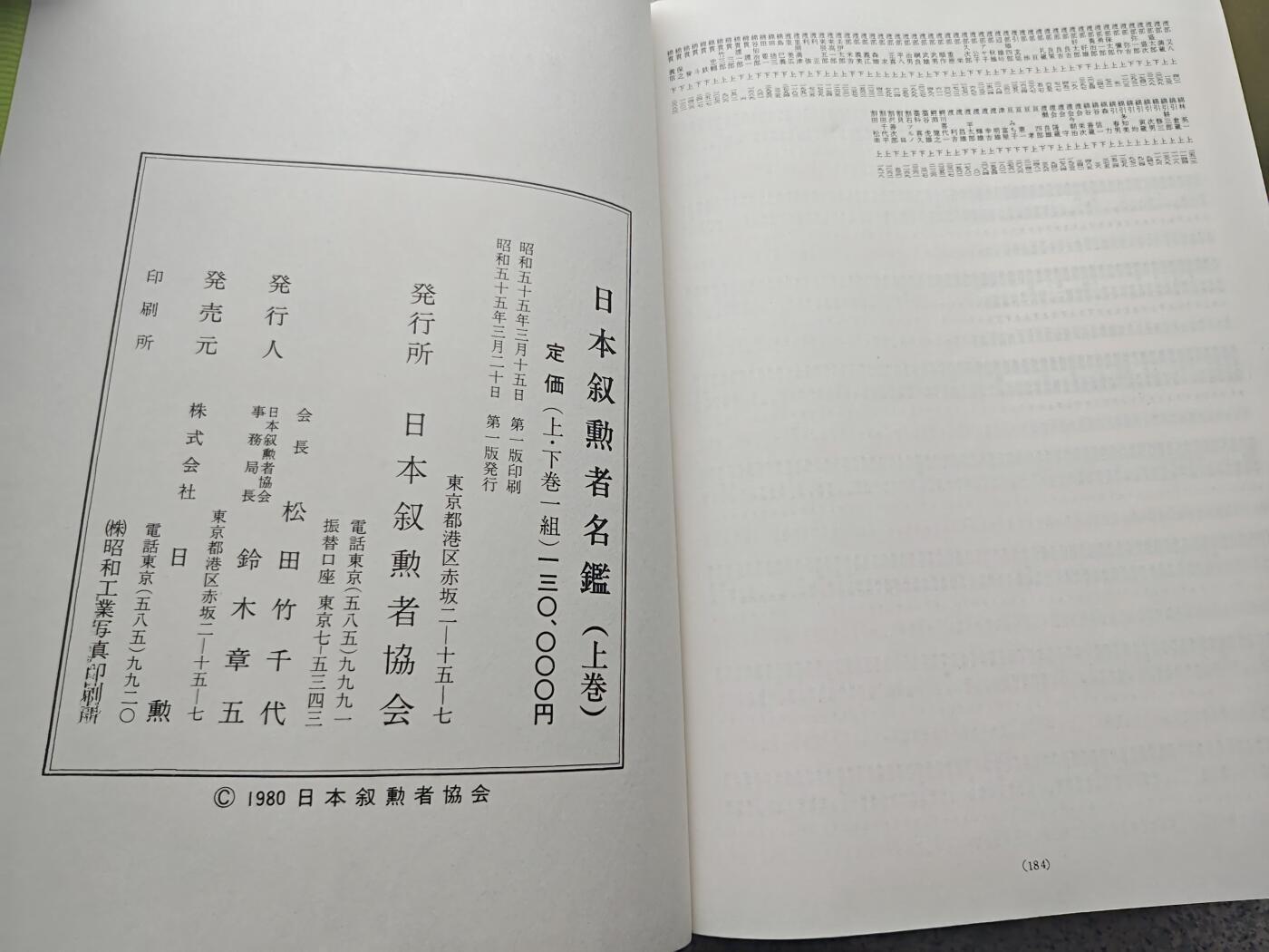《日本叙勋者名鉴》上下一套，昭和五十五年一版一印，全书2923页，重达十余斤，记录了大约自昭和三十九年至五十四年授勋者的名单概况，涵盖旭日、瑞宝、各类褒章得主，是官方最详细的汇总资料，库存品相，年代久远纸箱略有老化痕迹。