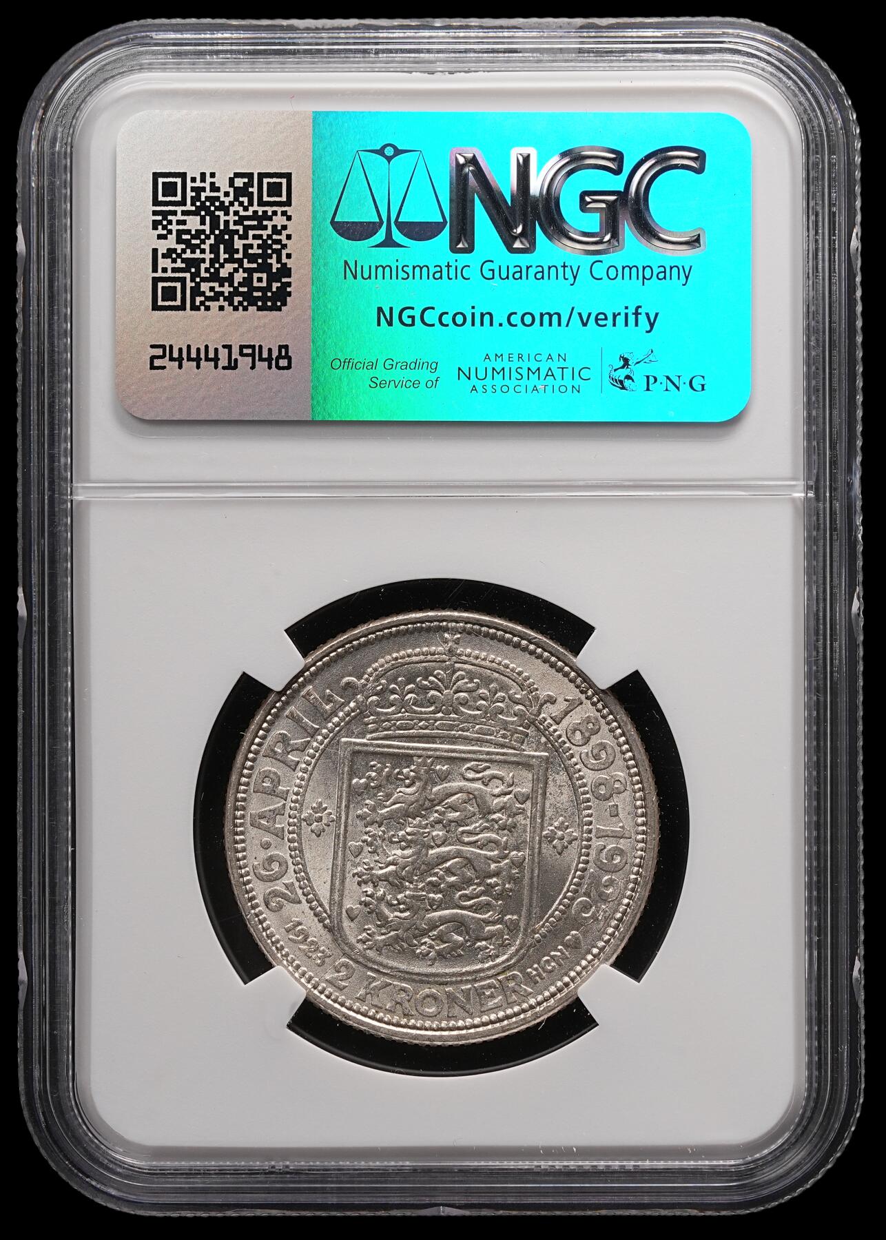 修遠堂世界钱币第四十七期 全场包邮 NGC MS66 1923年丹麦国王银婚纪念2克朗银币