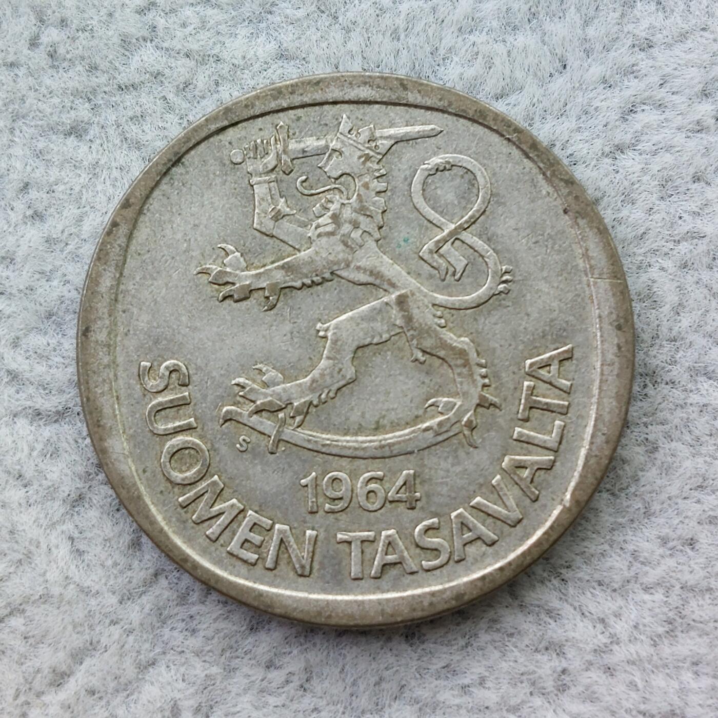 芬兰1964年持剑狮1马克银币