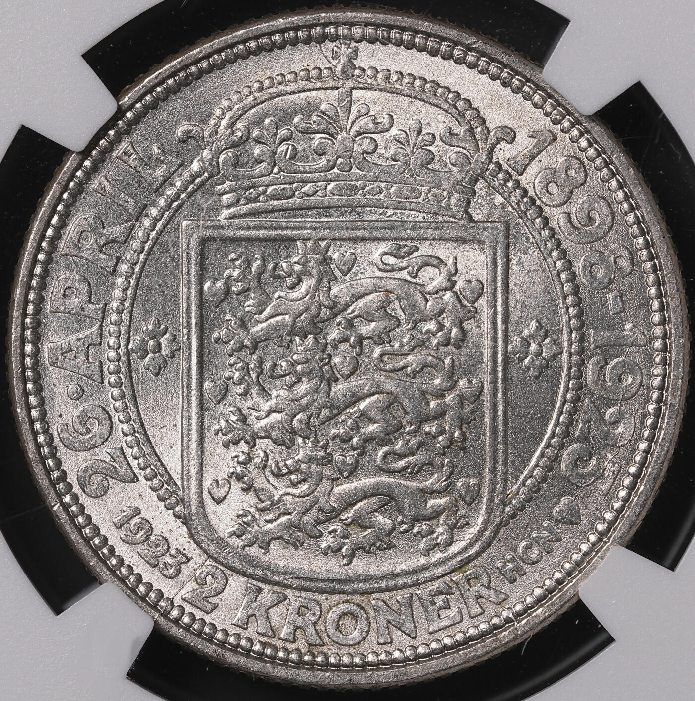 修遠堂世界钱币第四十七期 全场包邮 NGC MS66 1923年丹麦国王银婚纪念2克朗银币