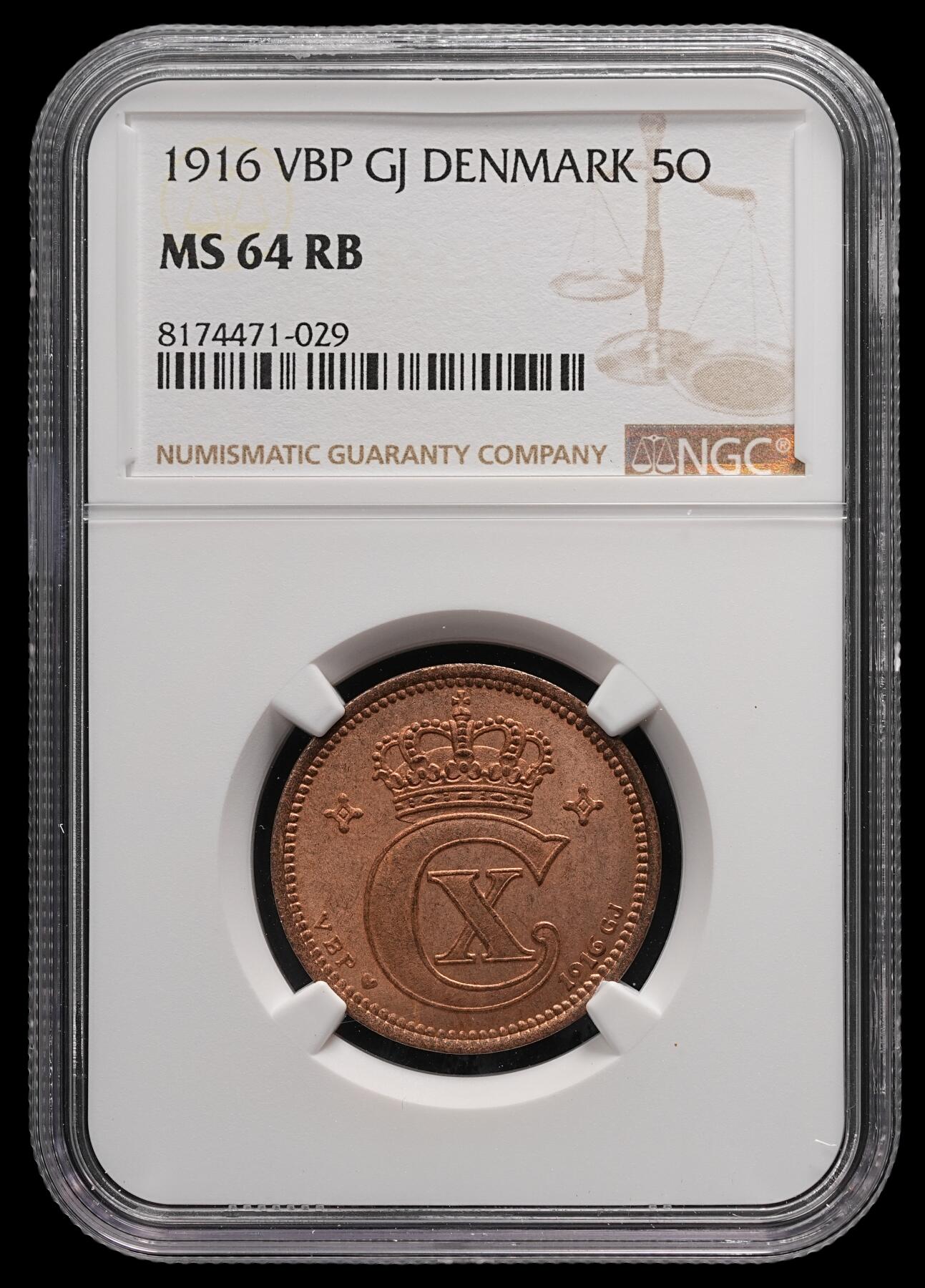 修遠堂世界钱币第四十七期 全场包邮 NGC MS64RB 1916年丹麦5欧尔铜币 较少见年份 铸造量只有80多万枚
