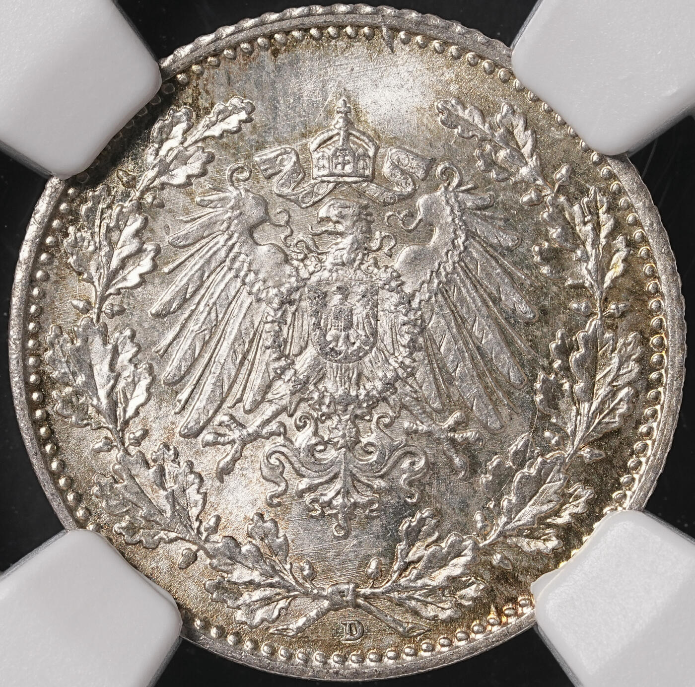 修遠堂世界钱币第四十七期 全场包邮 NGC MS65 1918年德国1/2马克银币 D厂铭