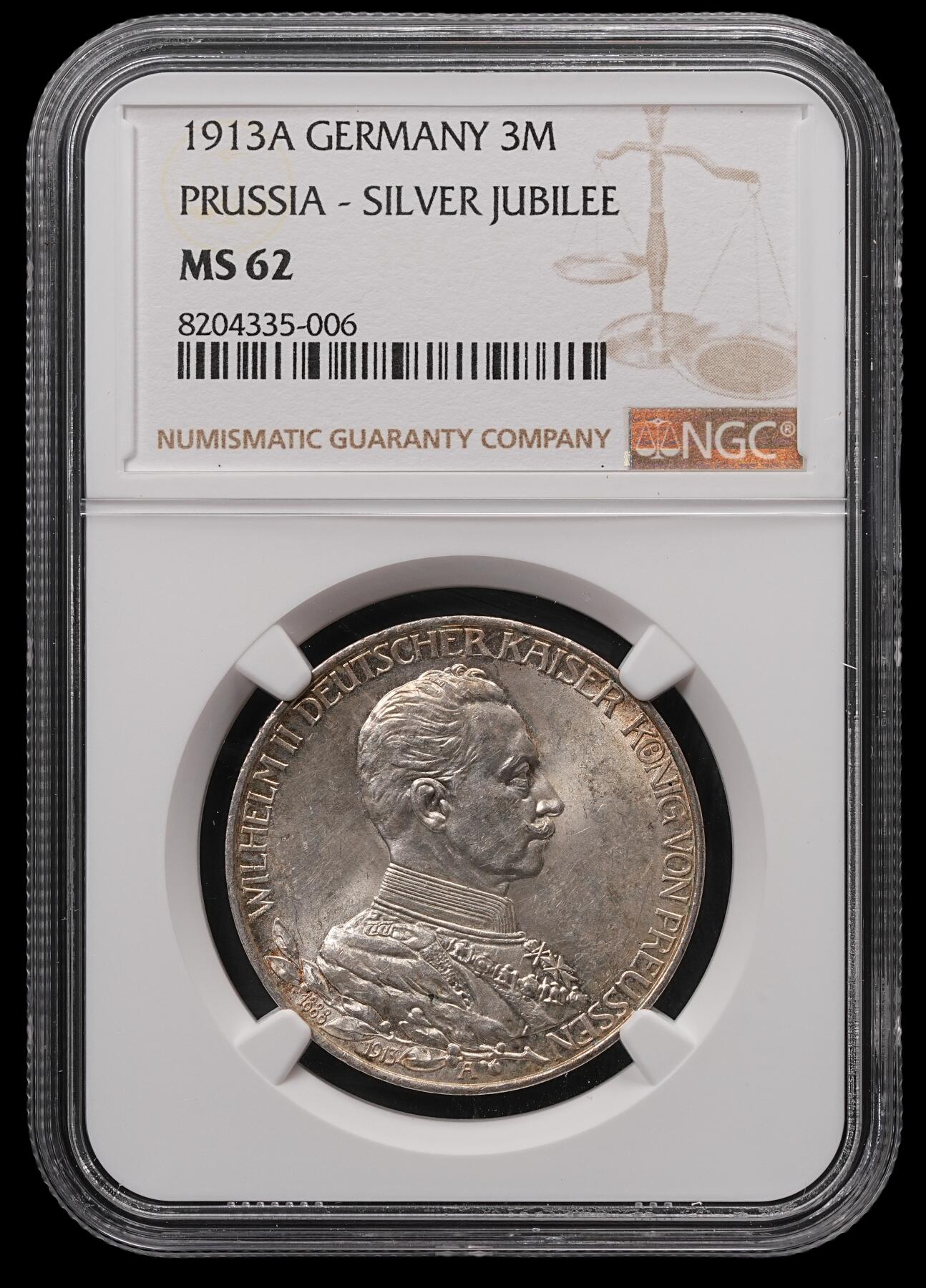 修遠堂世界钱币第四十七期 全场包邮 NGC MS62 1913年普鲁士威廉二世25周年3马克银币