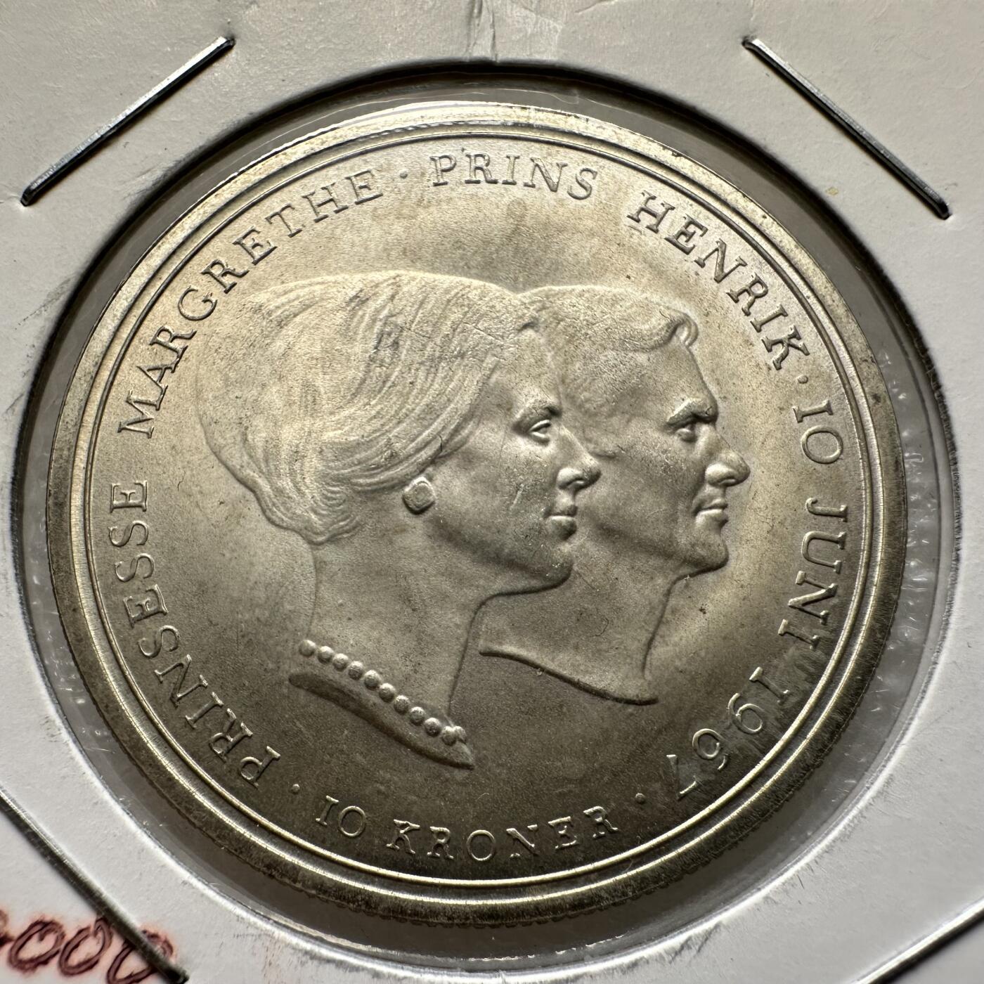 🌹外币初藏🌹🐯第100场 感谢诸友支持捧场！本期全场包邮！ 丹麦1967年玛格丽特婚礼10克朗银币 20.4克80%银35.6毫米
