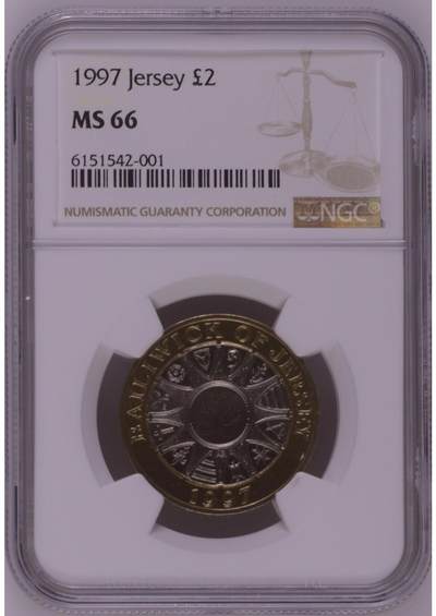 S&S Numismatic世界钱币-拍卖 第126期  英属泽西岛1997年 女王头像低冠版 2英镑双色币NGC MS66 只发行了1年就改版了，冠军分