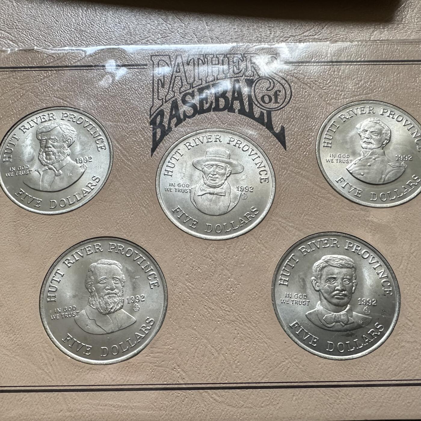 🌹外币初藏🌹🐯第100场 感谢诸友支持捧场！本期全场包邮！ 赫特河1992年棒球名人堂¥5纪念币五枚套 克朗型镍币