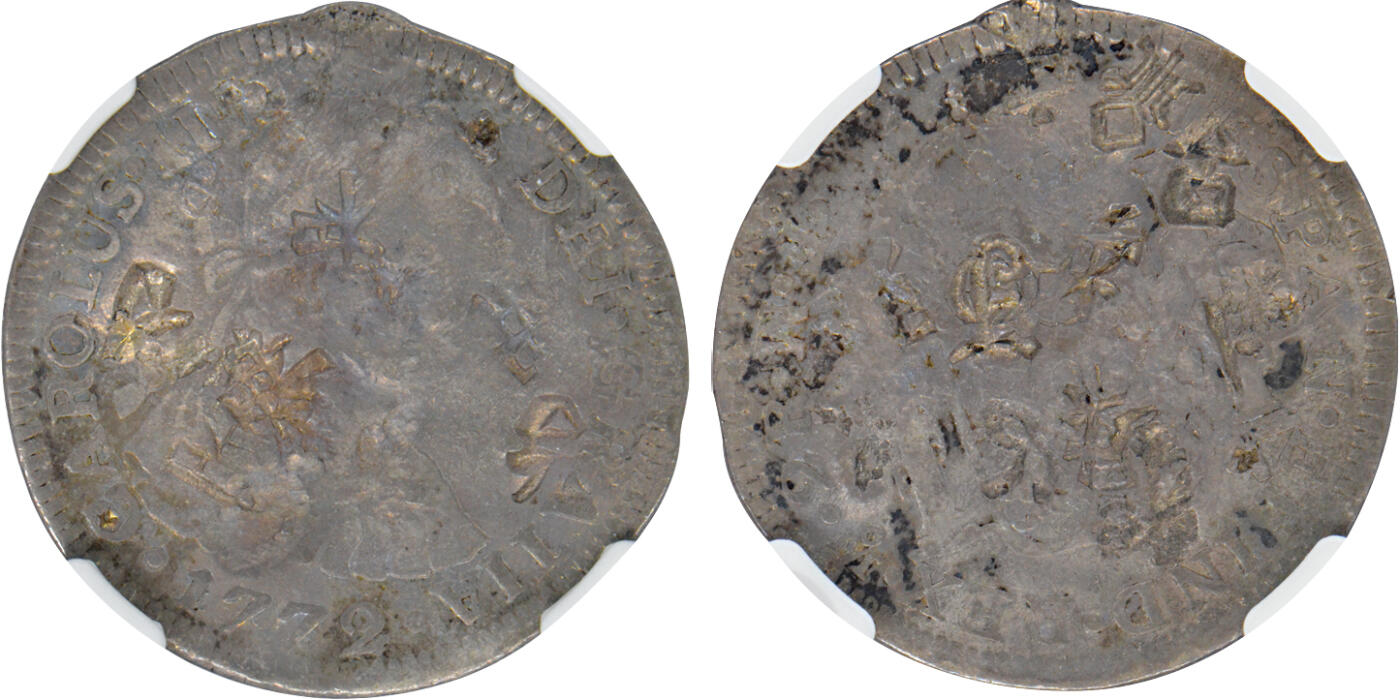 2024年12月1日冠军澳门拍卖 1772年MO MF 墨西哥2裡爾銀幣，NGC FINE DETAILS，有戳記，包克收藏，稀少