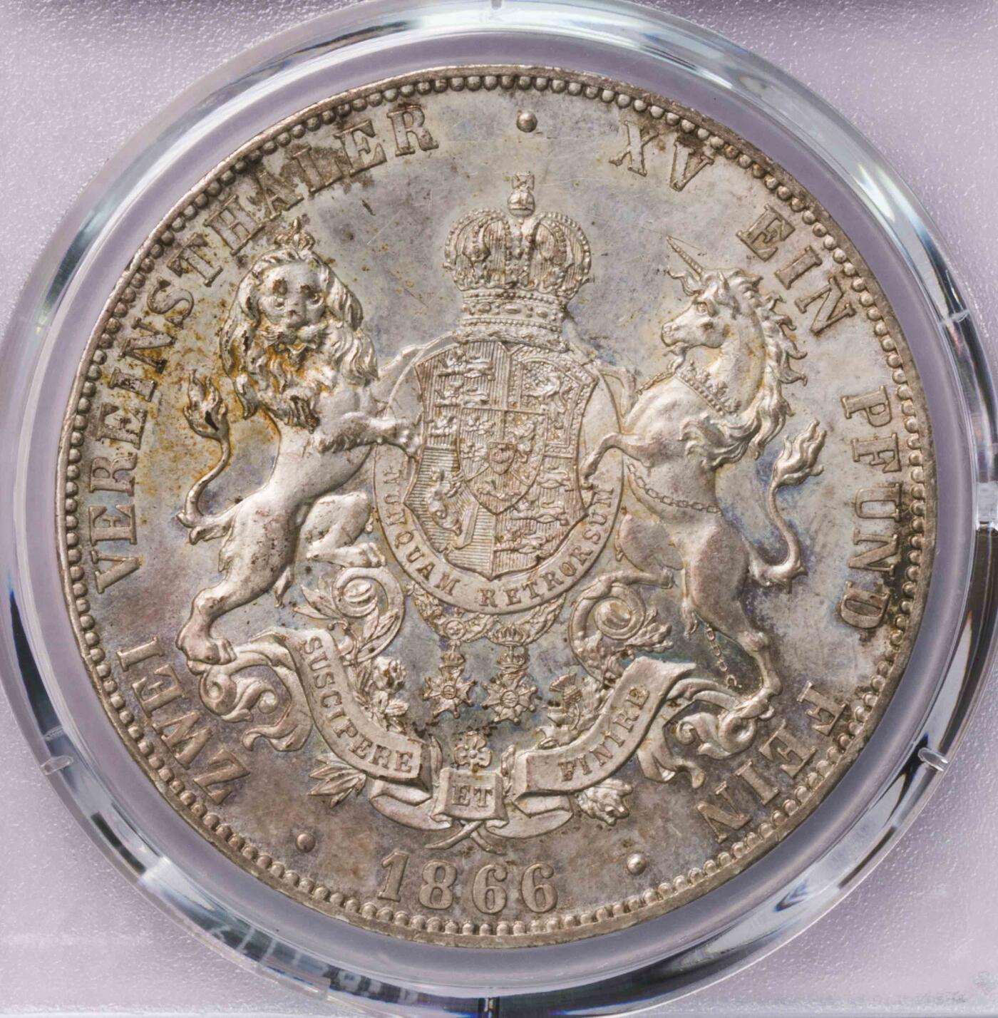 PCGS-MS63 1866汉诺威狮马2泰勒大银币纸袋包浆