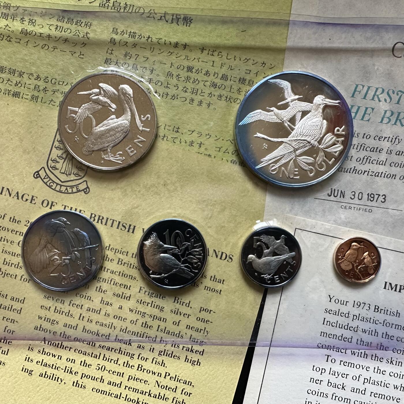 🌹外币初藏🌹🐯第100场 感谢诸友支持捧场！本期全场包邮！ 维尔京群岛1973年六枚套 币无氧化，鸟面颜色是绒布染色在塑料膜上