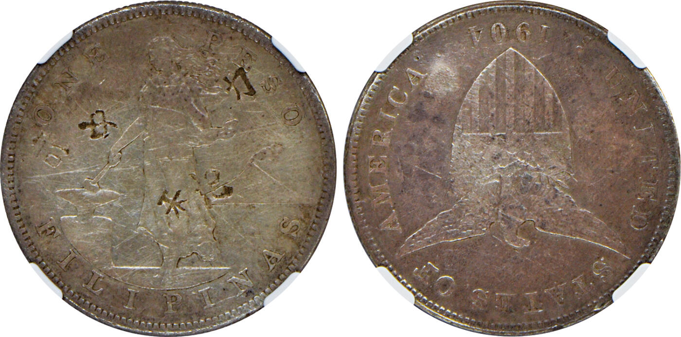 2024年12月1日冠军澳门拍卖 1904年-S美國-菲律賓1比索銀幣，NGC CHOPMARKED
