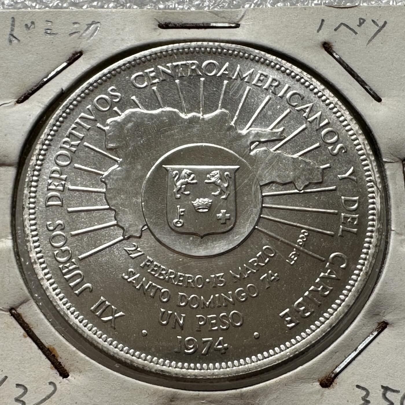 🌹外币初藏🌹🐯第100场 感谢诸友支持捧场！本期全场包邮！ 多米尼加1974年加勒比运动会一比索银币 26.7克90%银38毫米