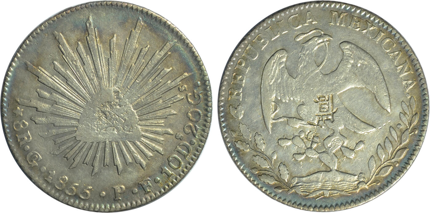 2024年12月1日冠军澳门拍卖 1855年GO PF 墨西哥8裡爾銀幣，NGC XF DETAILS，有戳記，包克收藏