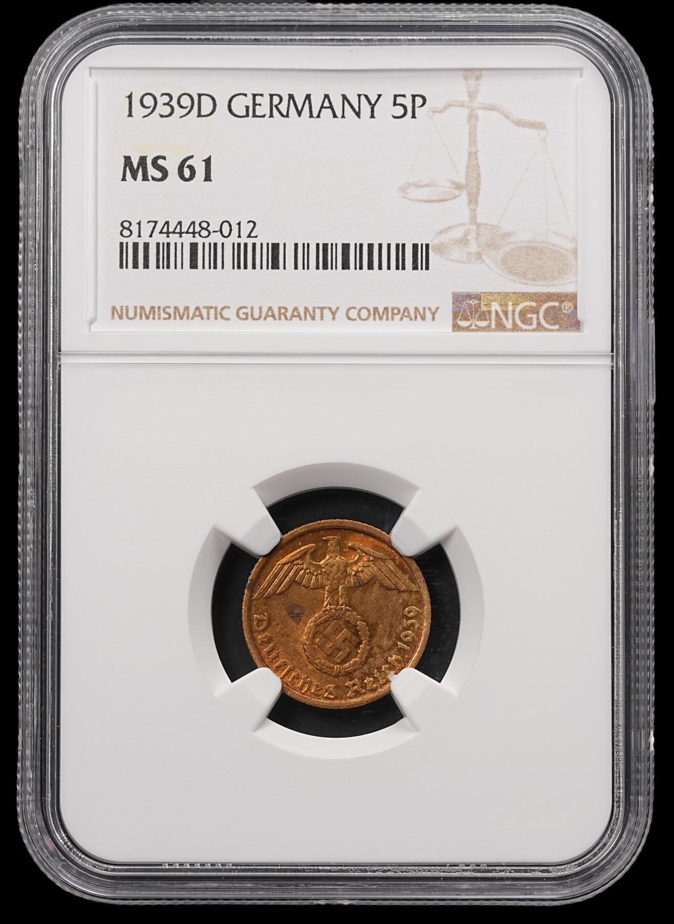 修遠堂世界钱币第四十七期 全场包邮 NGC MS61 1939年德三五芬尼 D厂铭