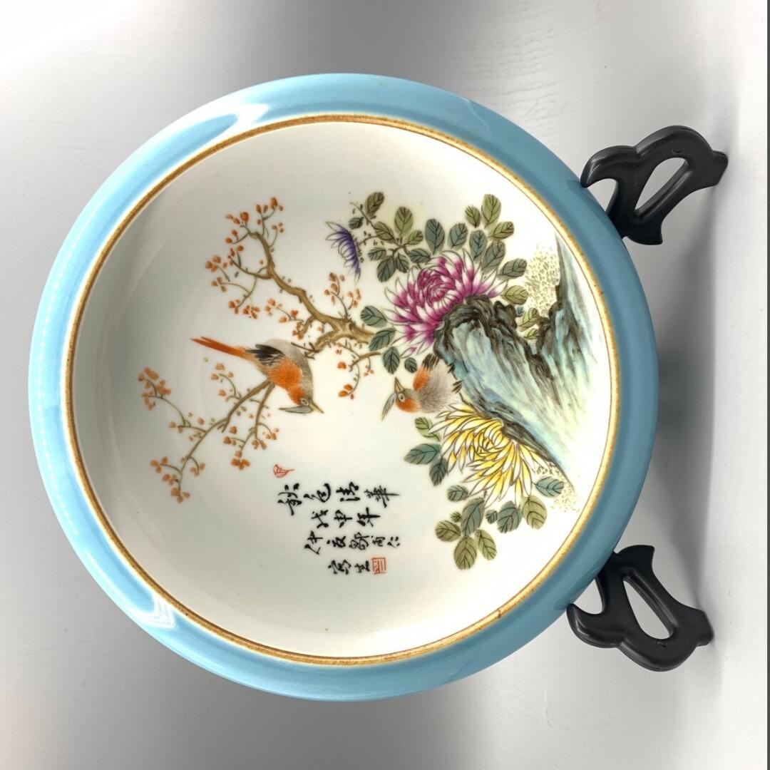 1968年景德镇艺术瓷厂 陶瓷名家邹甫仁款 精品粉彩花鸟笔洗 秋色清华