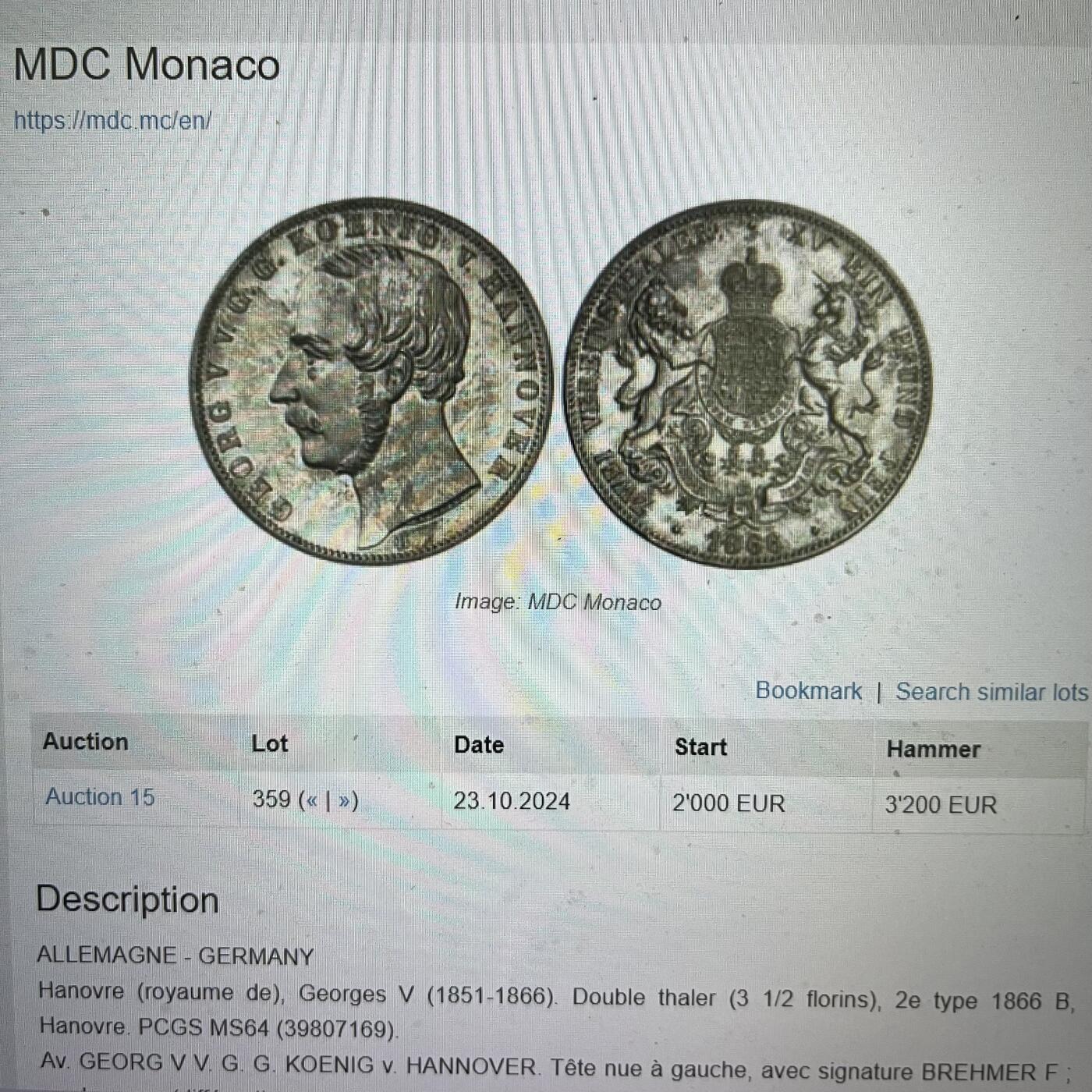 PCGS-MS63 1866汉诺威狮马2泰勒大银币纸袋包浆