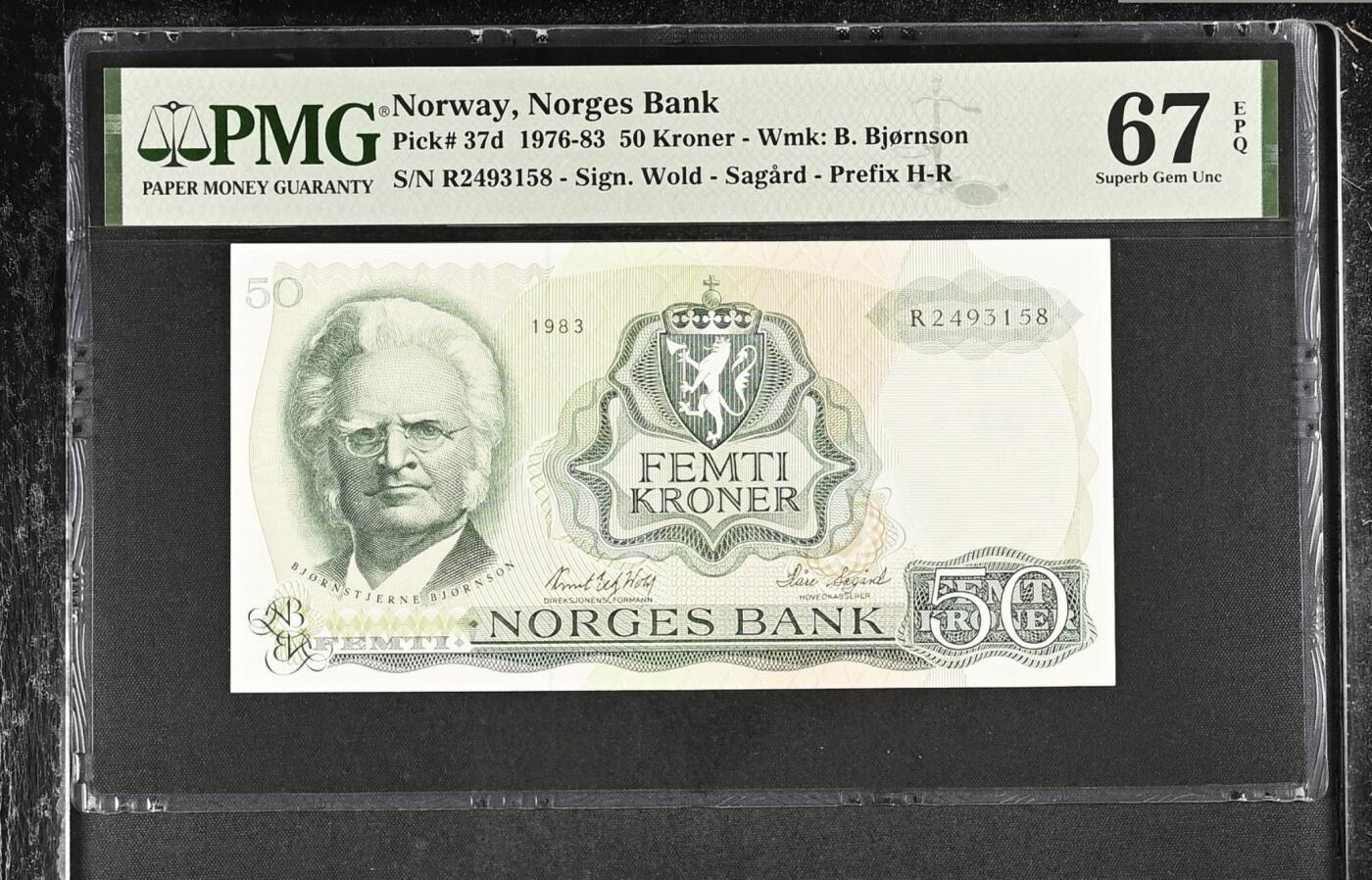《张总收藏》175期-周日外币精品 挪威50克朗 PMG67E 1983年 挪威戏剧家、诗人比昂斯腾·比昂松