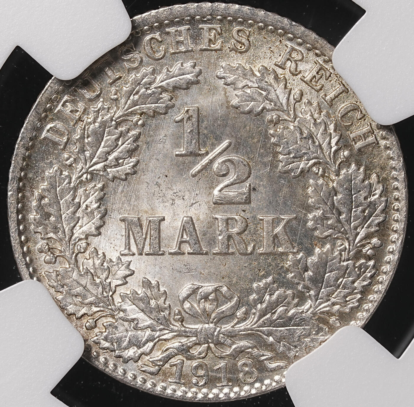 修遠堂世界钱币第四十七期 全场包邮 NGC MS65 1918年德国1/2马克银币 D厂铭