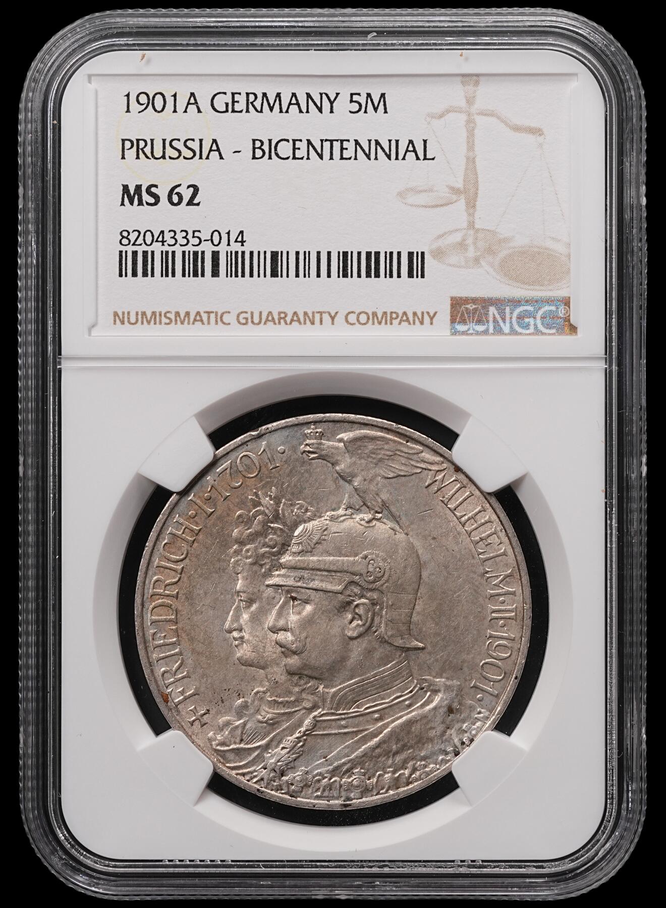 修遠堂世界钱币第四十七期 全场包邮 NGC MS62 1901年普鲁士建国200周年5马克大银币