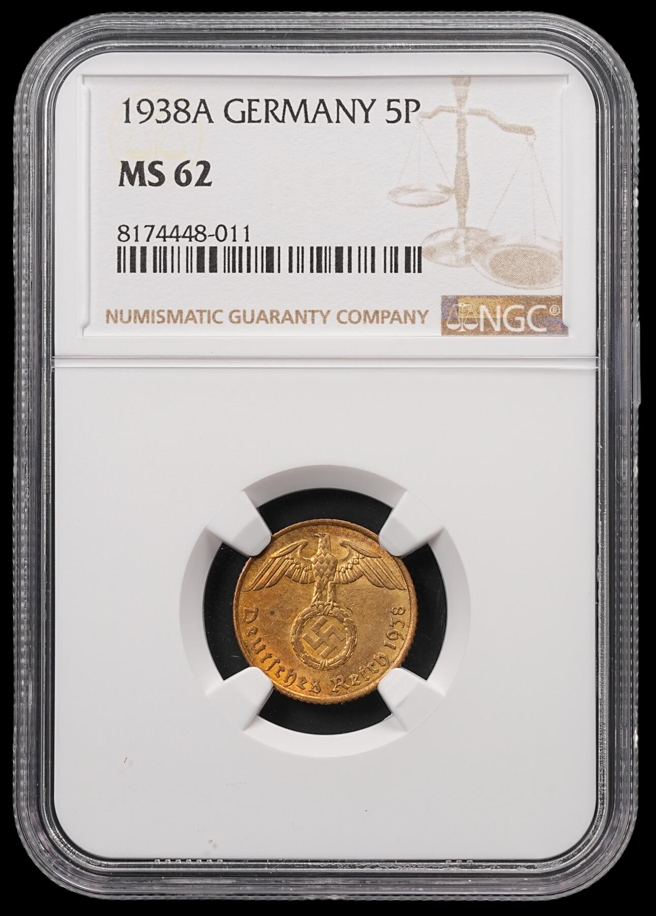 修遠堂世界钱币第四十七期 全场包邮 NGC MS62 1938年德三五芬尼 A厂铭