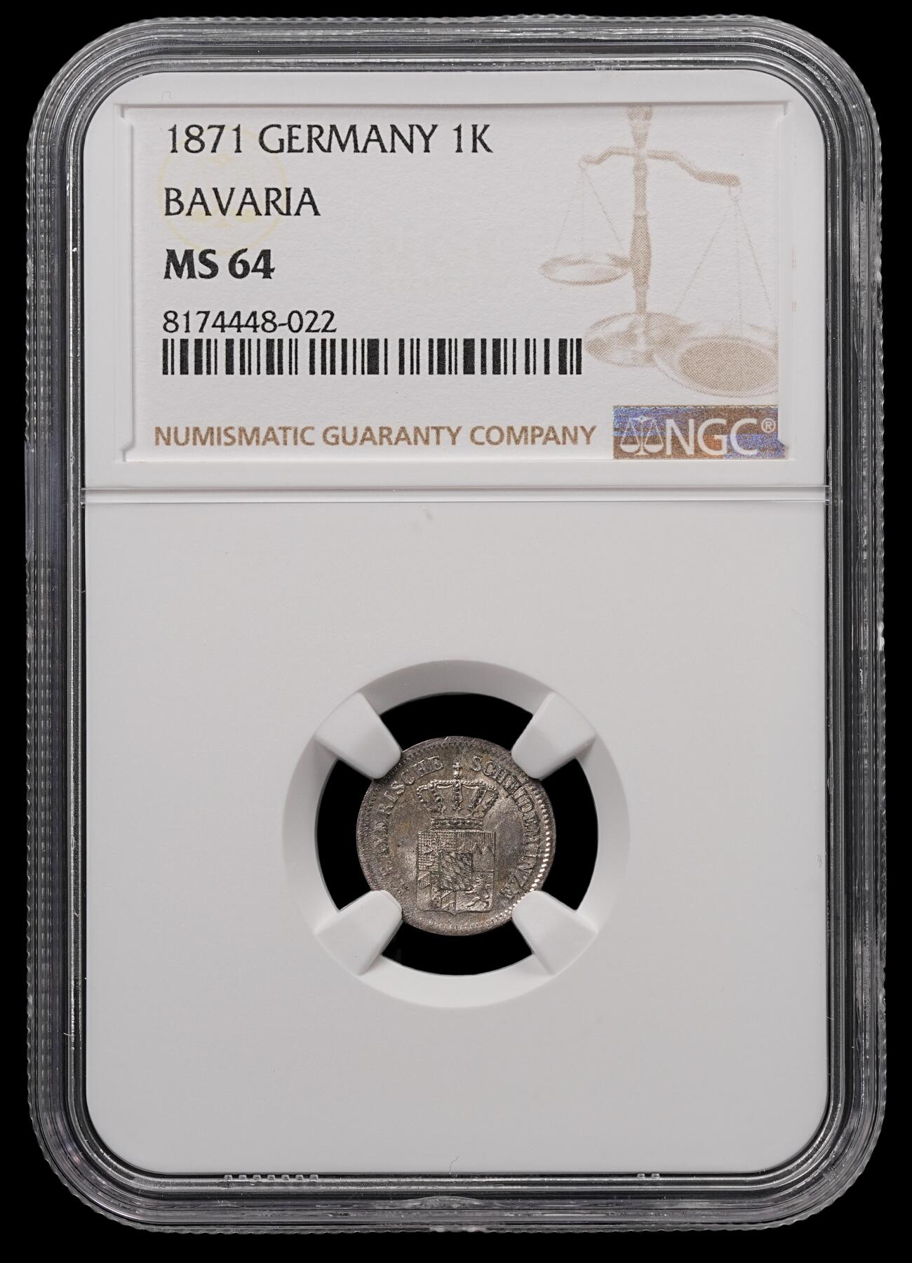 修遠堂世界钱币第四十七期 全场包邮 NGC MS64 1871年巴伐利亚1克鲁泽银币