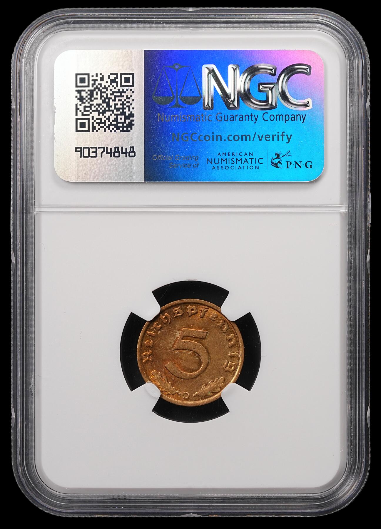 修遠堂世界钱币第四十七期 全场包邮 NGC MS61 1939年德三五芬尼 D厂铭