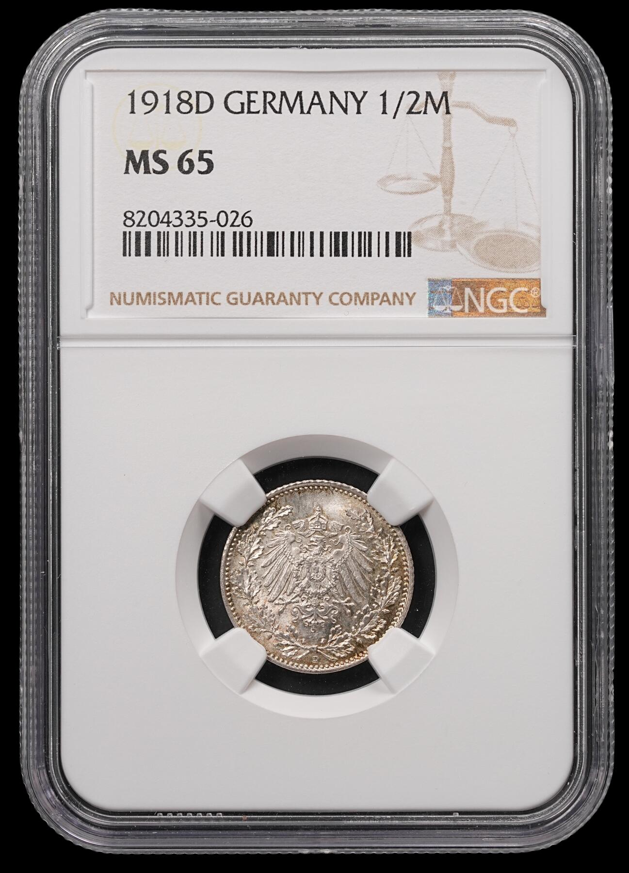 修遠堂世界钱币第四十七期 全场包邮 NGC MS65 1918年德国1/2马克银币 D厂铭