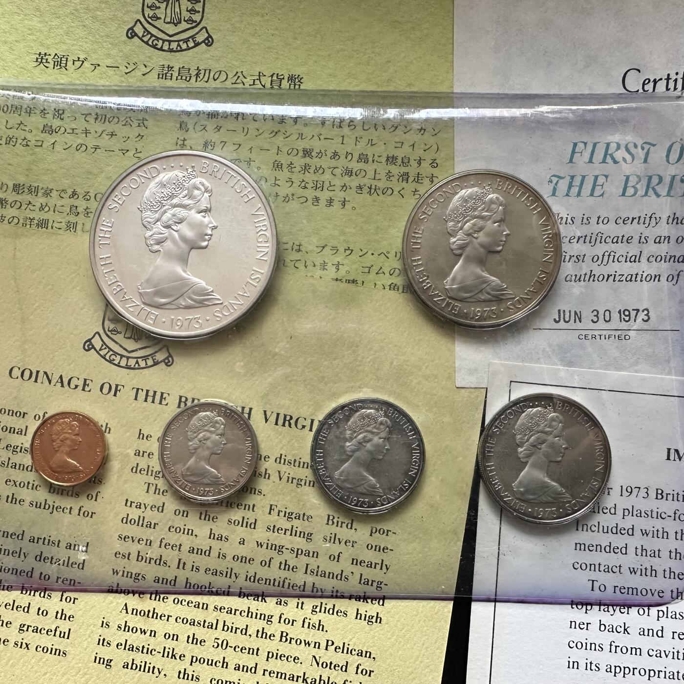 🌹外币初藏🌹🐯第100场 感谢诸友支持捧场！本期全场包邮！ 维尔京群岛1973年六枚套 币无氧化，鸟面颜色是绒布染色在塑料膜上