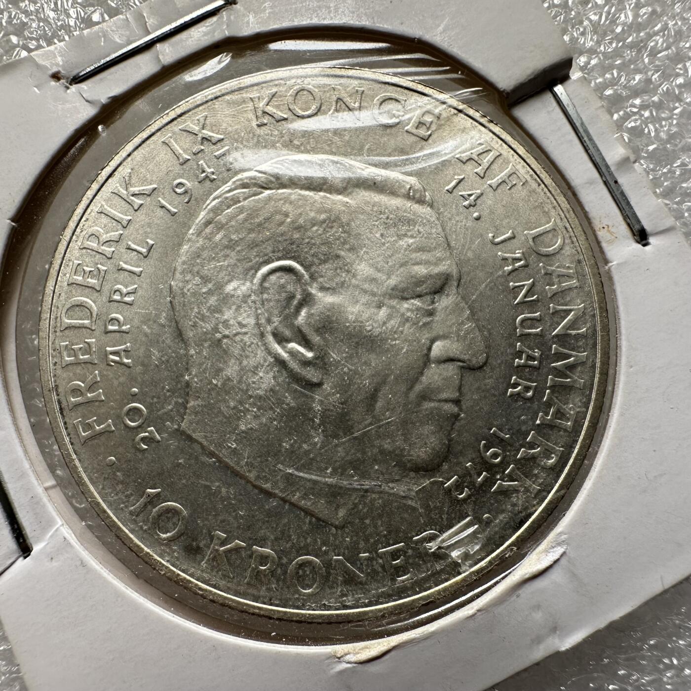 🌹外币初藏🌹🐯第100场 感谢诸友支持捧场！本期全场包邮！ 丹麦1972年玛格丽特登基10克朗银币 20.4克80%银36毫米