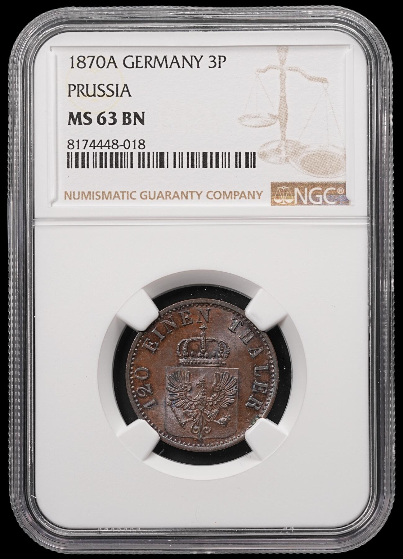 修遠堂世界钱币第四十七期 全场包邮 NGC MS63BN 1870年普鲁士3芬尼铜币