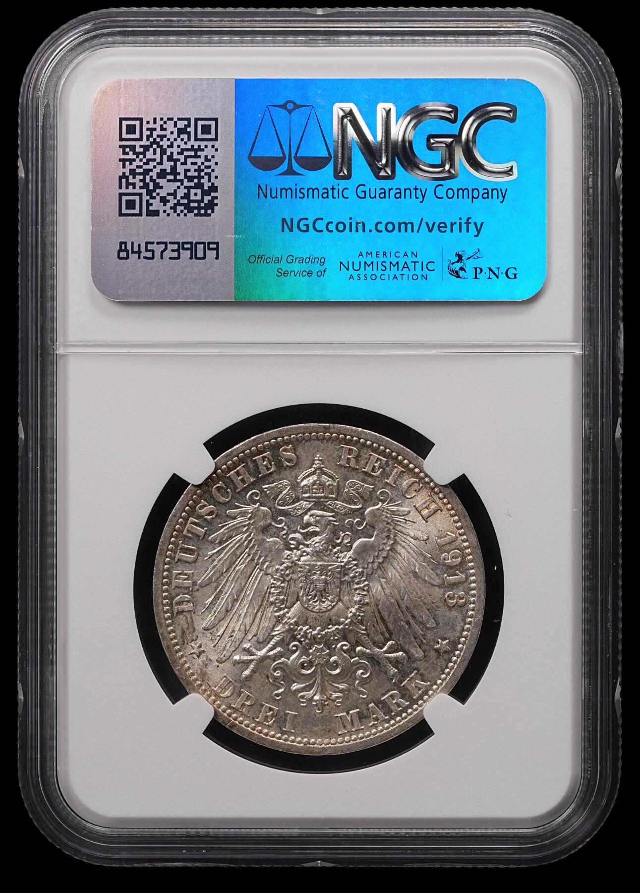 修遠堂世界钱币第四十七期 全场包邮 NGC MS62 1913年普鲁士威廉二世25周年3马克银币