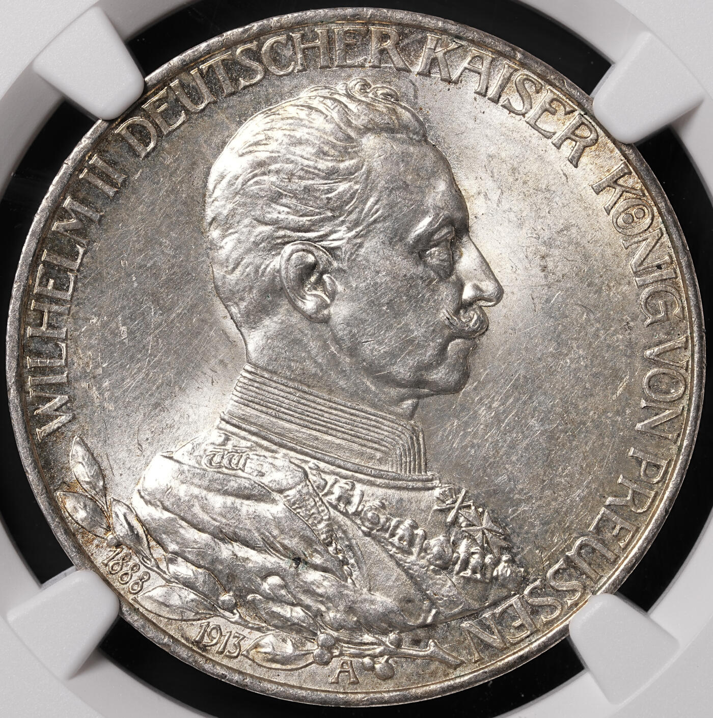 修遠堂世界钱币第四十七期 全场包邮 NGC MS62 1913年普鲁士威廉二世25周年3马克银币