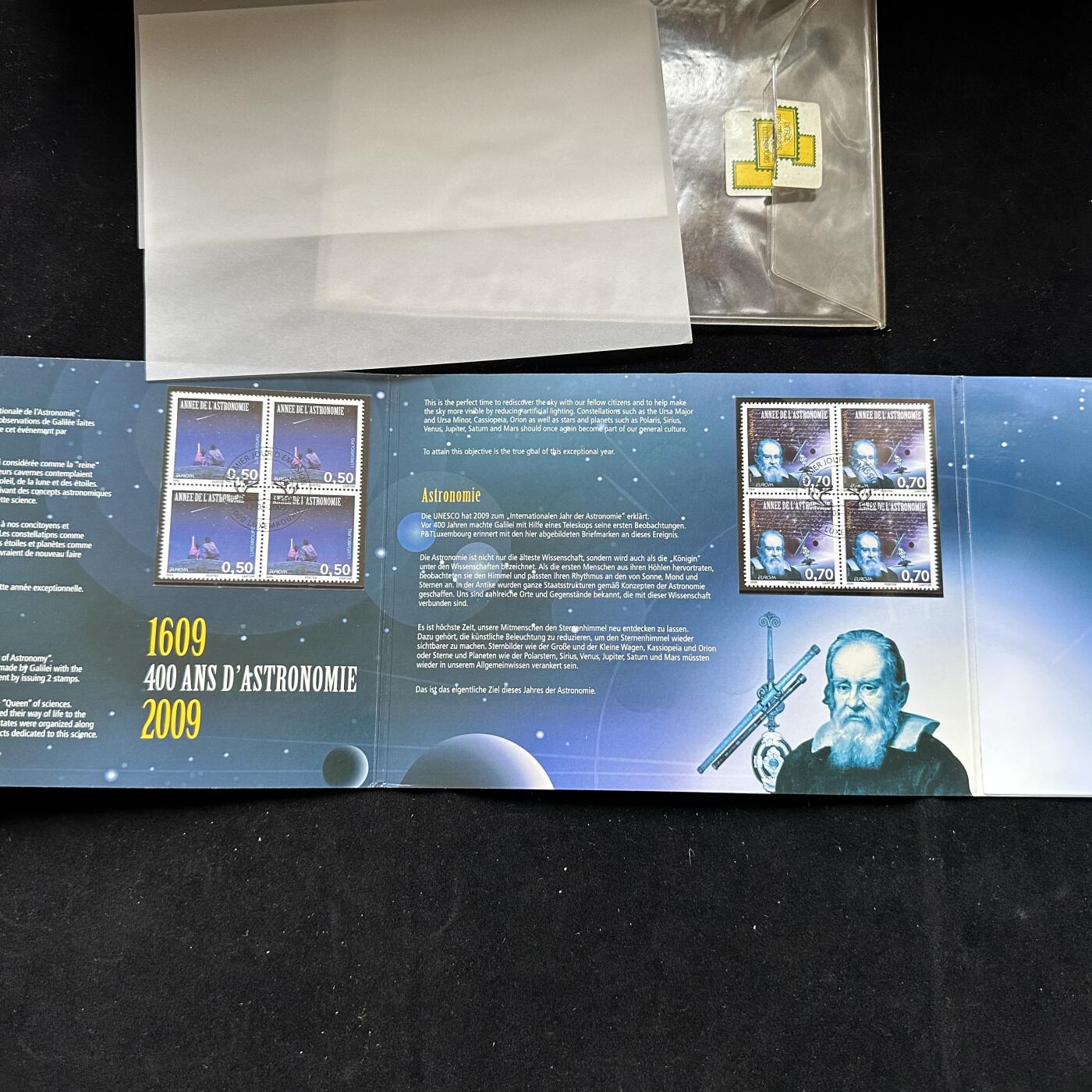 🌹外币初藏🌹🐯第100场 感谢诸友支持捧场！本期全场包邮！ 卢森堡2009年伽利略400周年纪念版欧元套币含邮票四方联