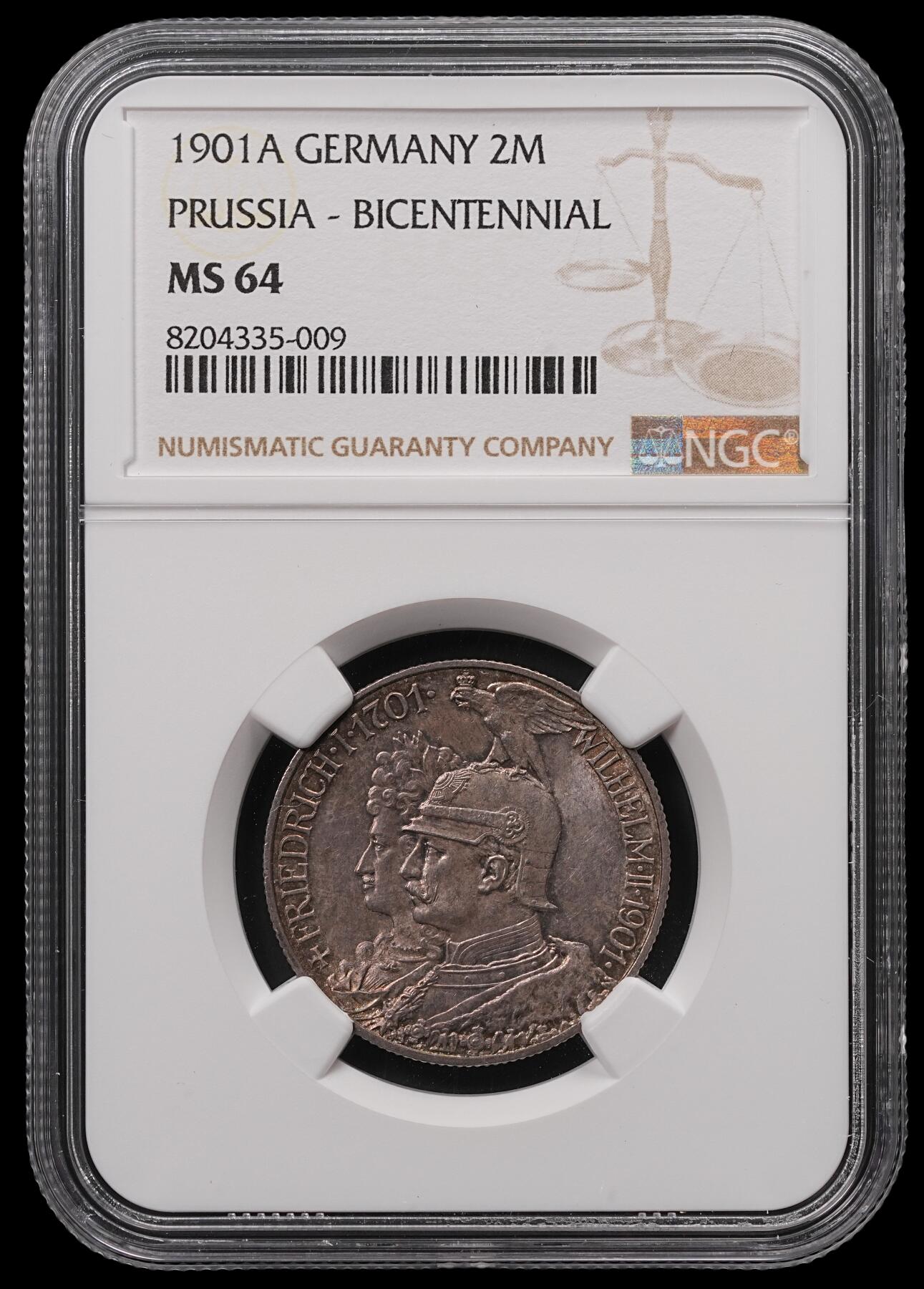 修遠堂世界钱币第四十七期 全场包邮 NGC MS64 1901年普鲁士建国200周年2马克银币