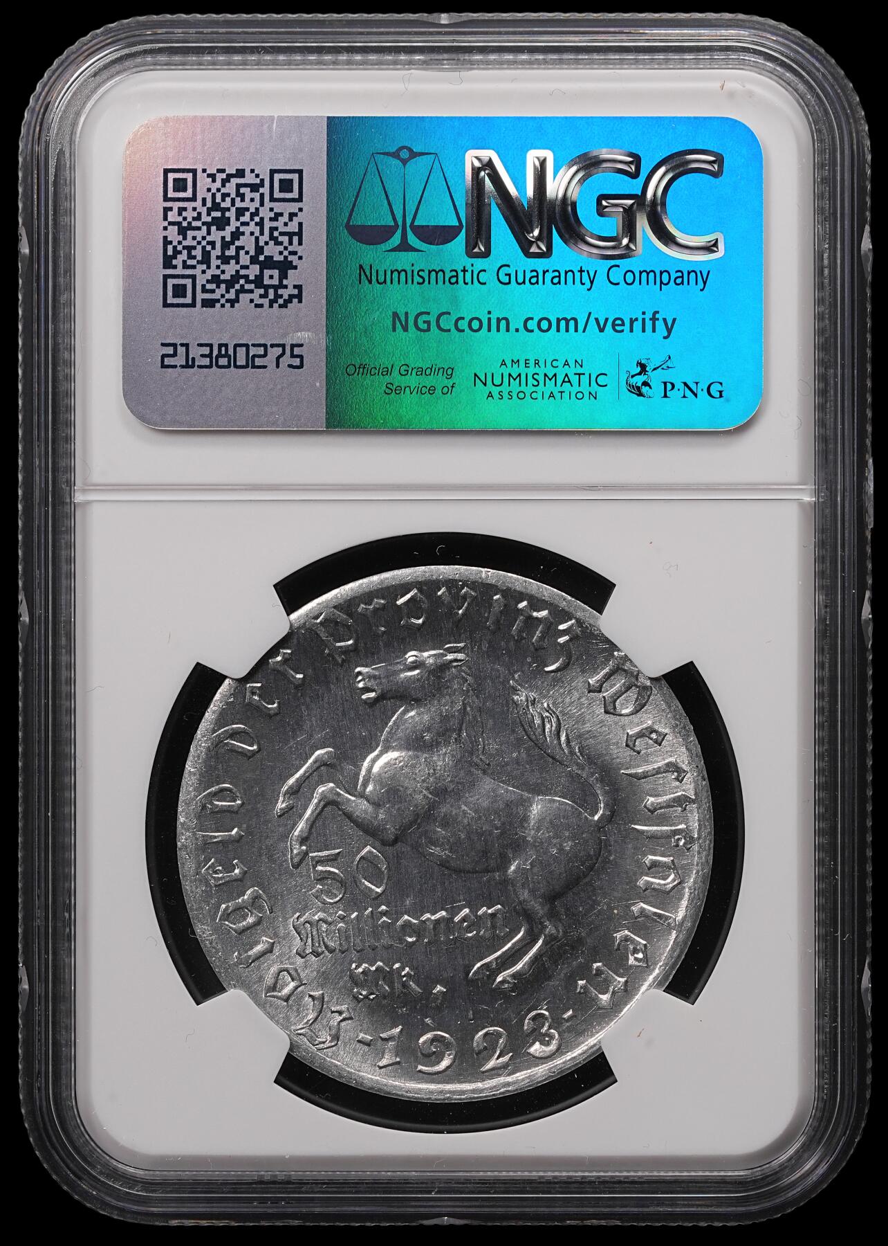 修遠堂世界钱币第四十七期 全场包邮 NGC MS63 1923年德国紧急时期威斯特法伦5000万马克大马币 铝质