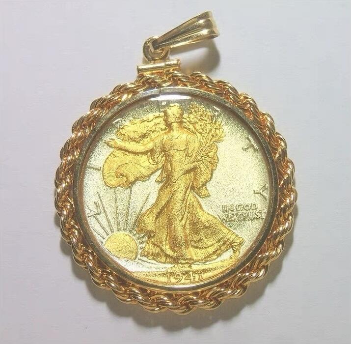 美国1941年 行走女神镀金高浮雕精制带釉银币章吊坠 38MM